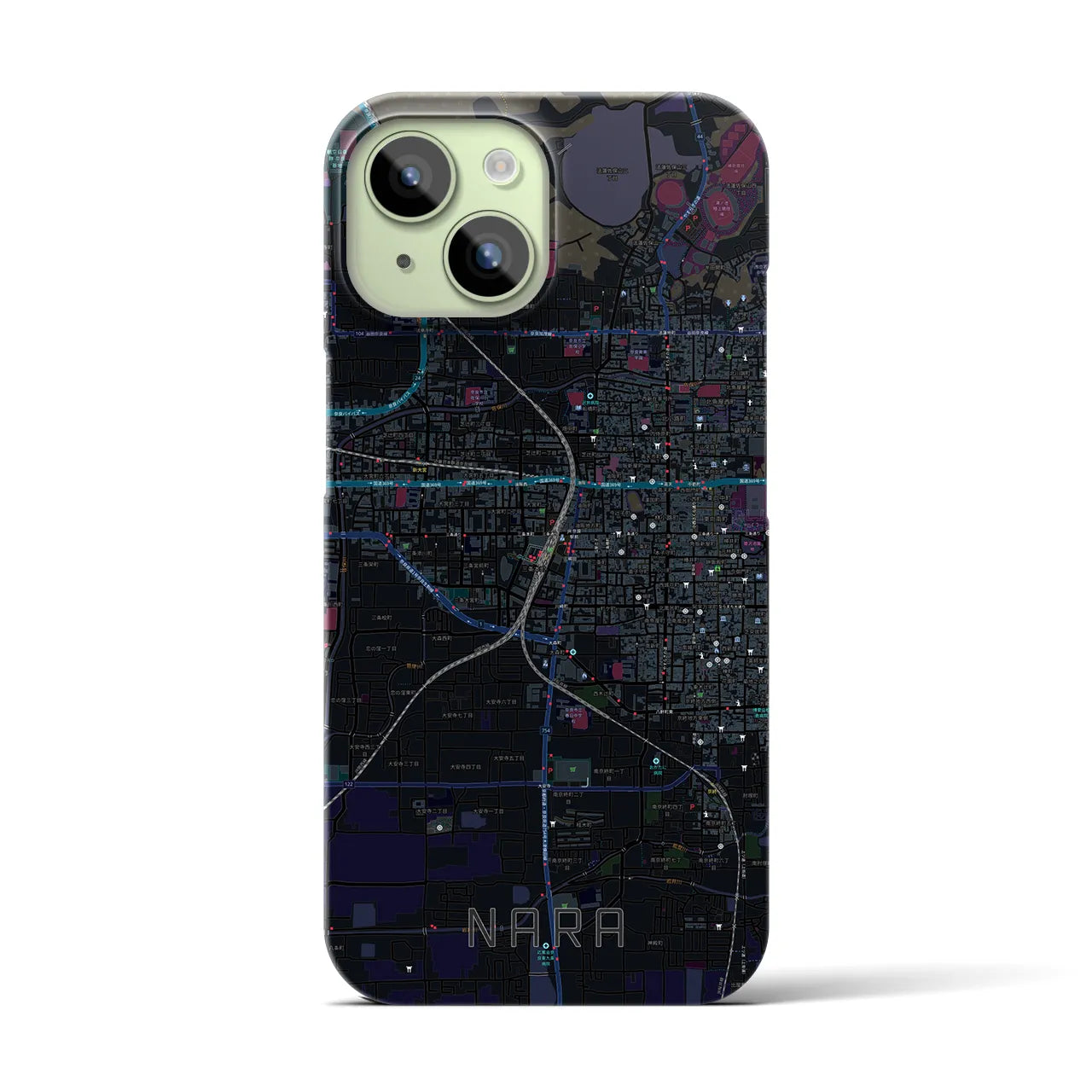 【奈良2】地図柄iPhoneケース（バックカバータイプ・ブラック）iPhone 15 用
