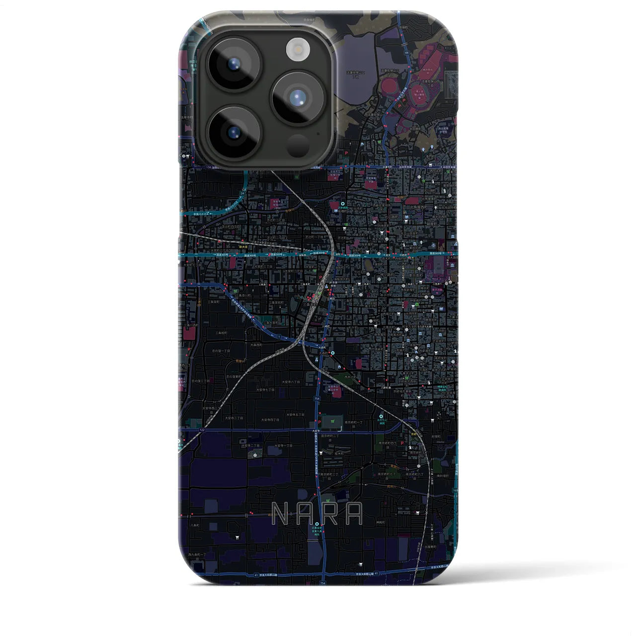 【奈良2】地図柄iPhoneケース（バックカバータイプ・ブラック）iPhone 15 Pro Max 用
