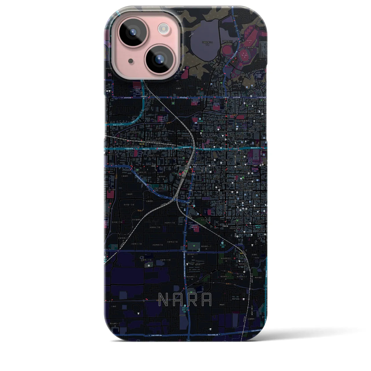 【奈良2】地図柄iPhoneケース（バックカバータイプ・ブラック）iPhone 15 Plus 用