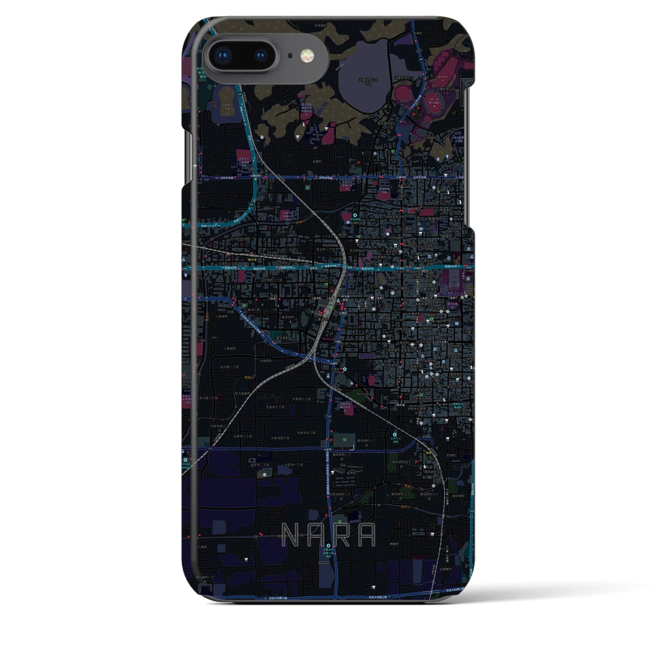 【奈良2】地図柄iPhoneケース（バックカバータイプ・ブラック）iPhone 8Plus /7Plus / 6sPlus / 6Plus 用