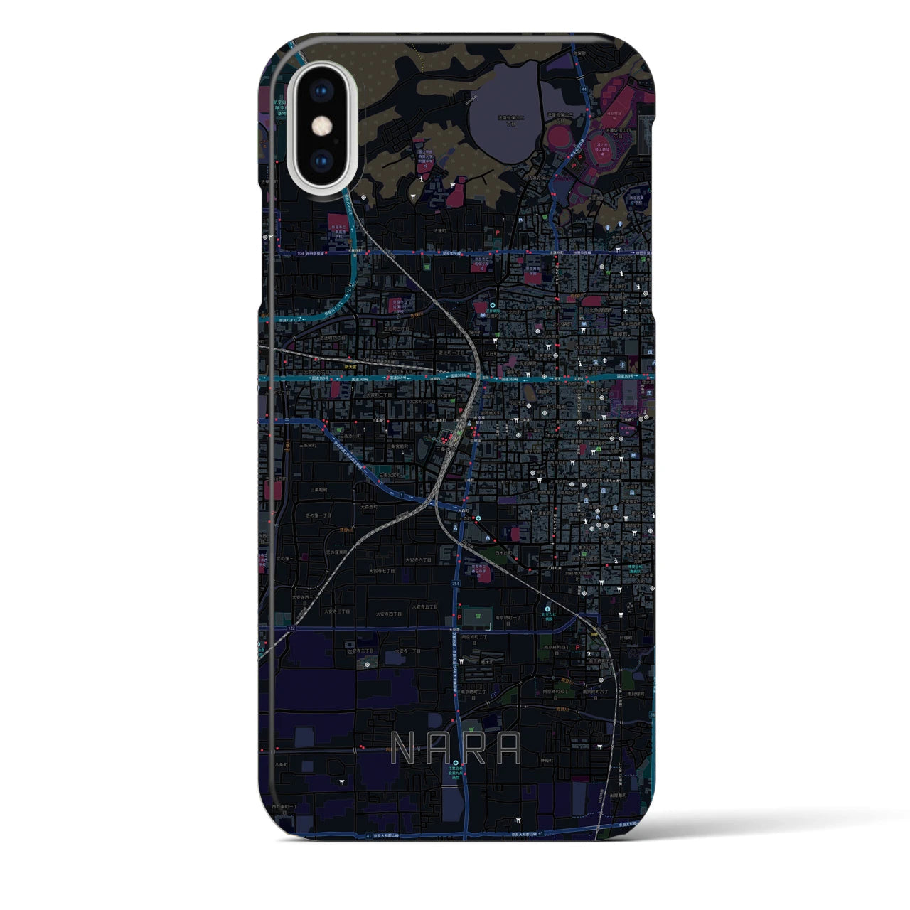 【奈良2】地図柄iPhoneケース（バックカバータイプ・ブラック）iPhone XS Max 用