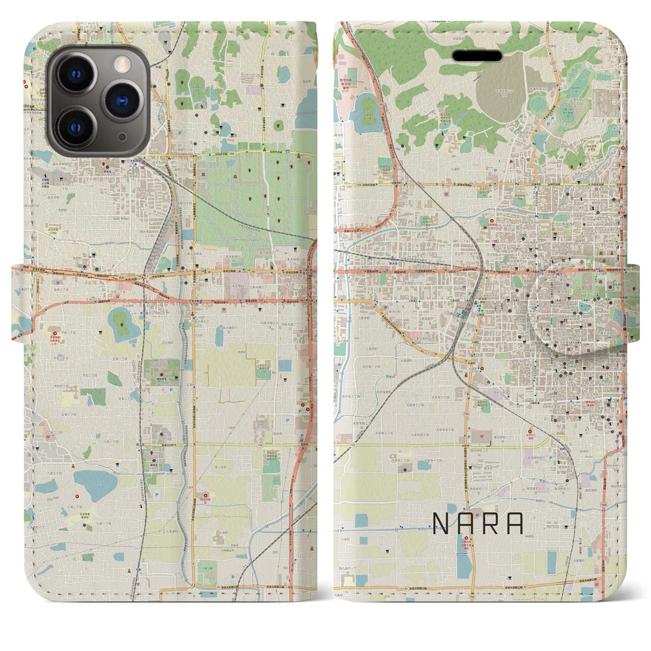 【奈良2】地図柄iPhoneケース（手帳両面タイプ・ナチュラル）iPhone 11 Pro Max 用