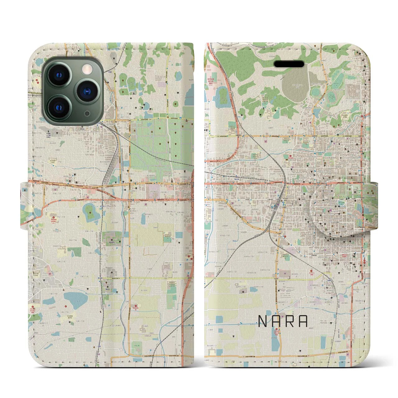 【奈良2】地図柄iPhoneケース（手帳両面タイプ・ナチュラル）iPhone 11 Pro 用