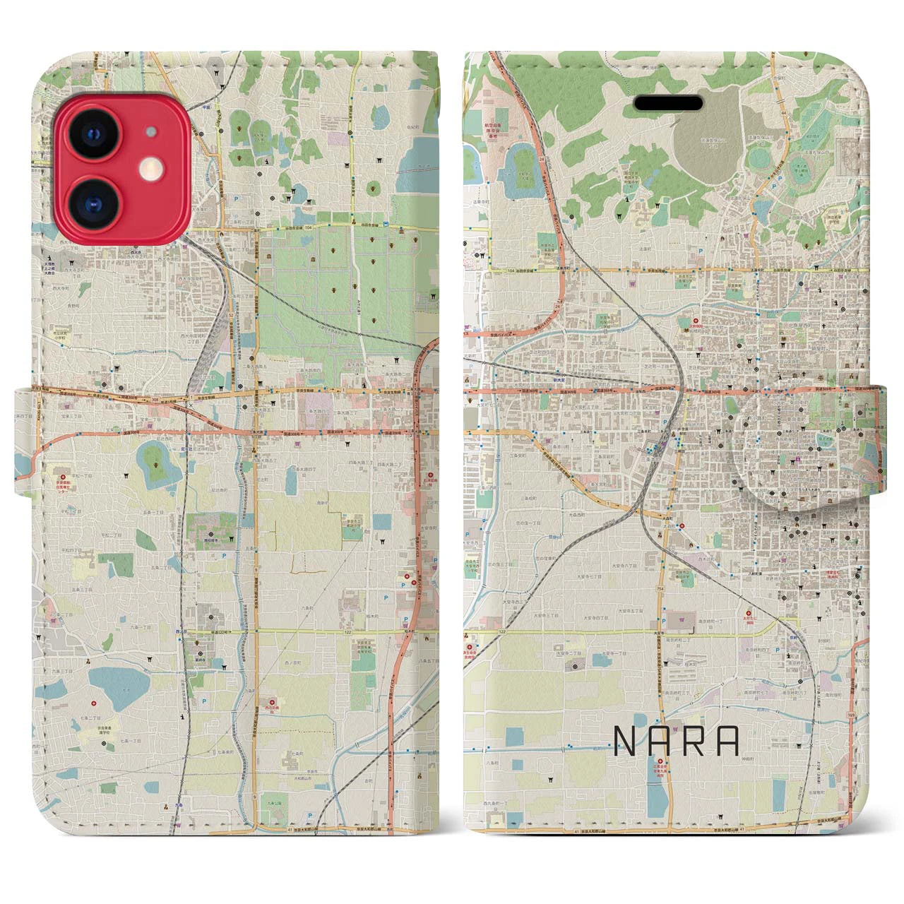 【奈良2】地図柄iPhoneケース（手帳両面タイプ・ナチュラル）iPhone 11 用