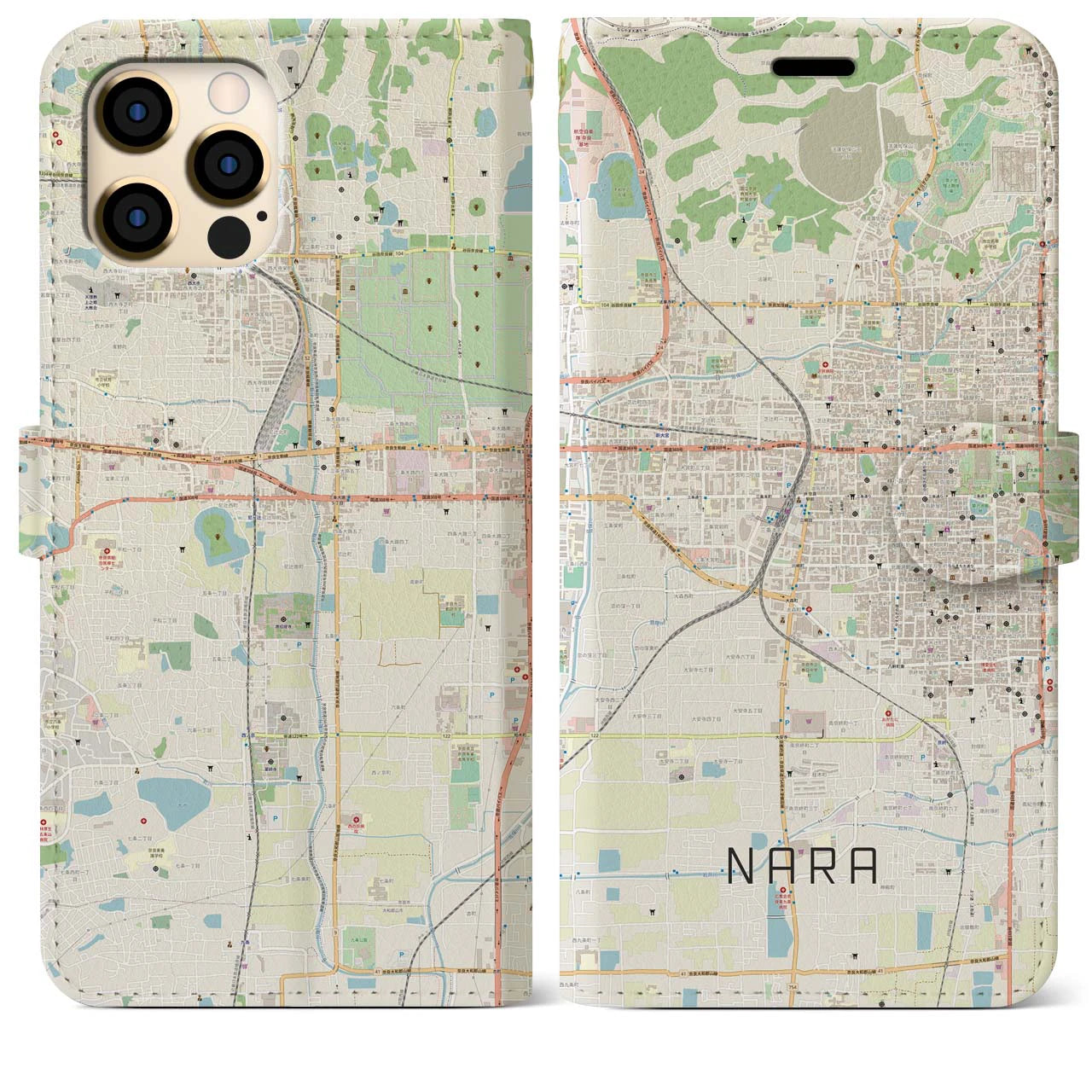 【奈良2】地図柄iPhoneケース（手帳両面タイプ・ナチュラル）iPhone 12 Pro Max 用