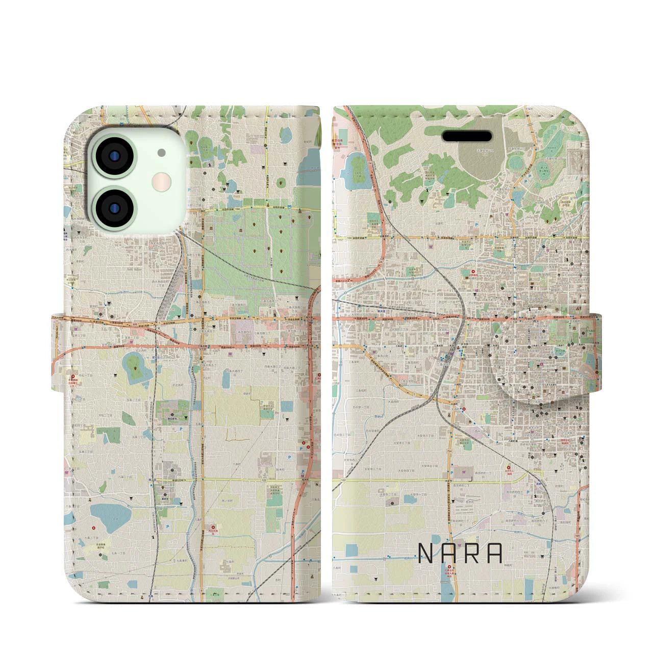【奈良2】地図柄iPhoneケース（手帳両面タイプ・ナチュラル）iPhone 12 mini 用