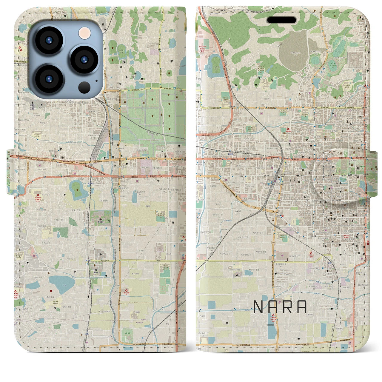 【奈良2】地図柄iPhoneケース（手帳両面タイプ・ナチュラル）iPhone 13 Pro Max 用