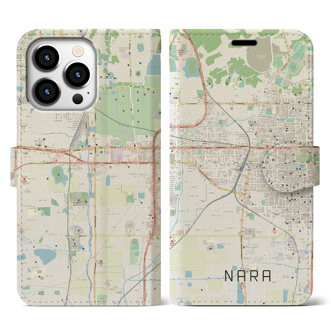 【奈良2】地図柄iPhoneケース（手帳両面タイプ・ナチュラル）iPhone 13 Pro 用