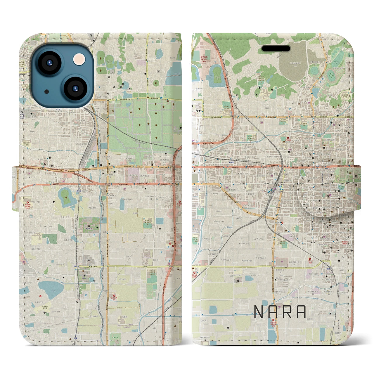 【奈良2】地図柄iPhoneケース（手帳両面タイプ・ナチュラル）iPhone 13 用