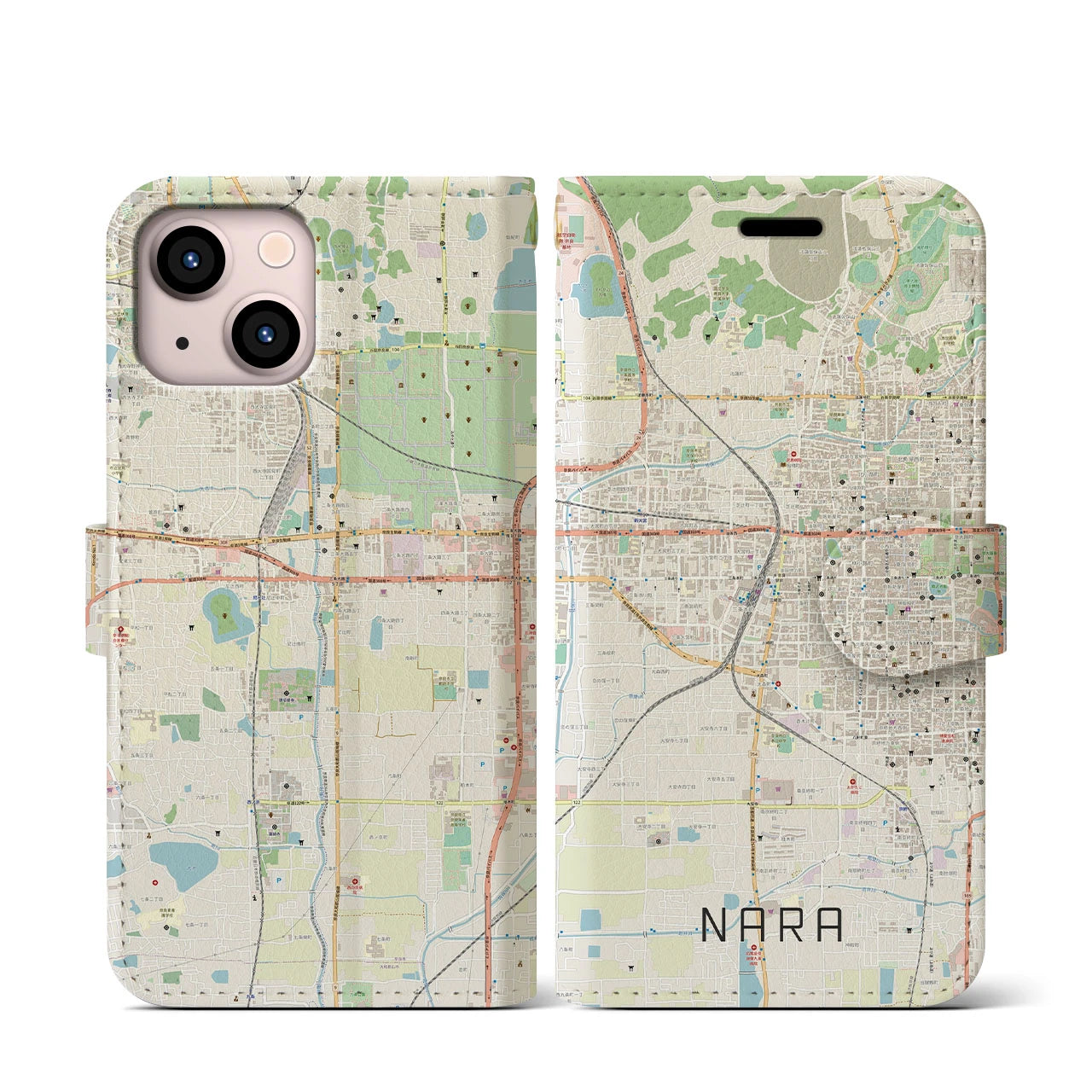 【奈良2】地図柄iPhoneケース（手帳両面タイプ・ナチュラル）iPhone 13 mini 用