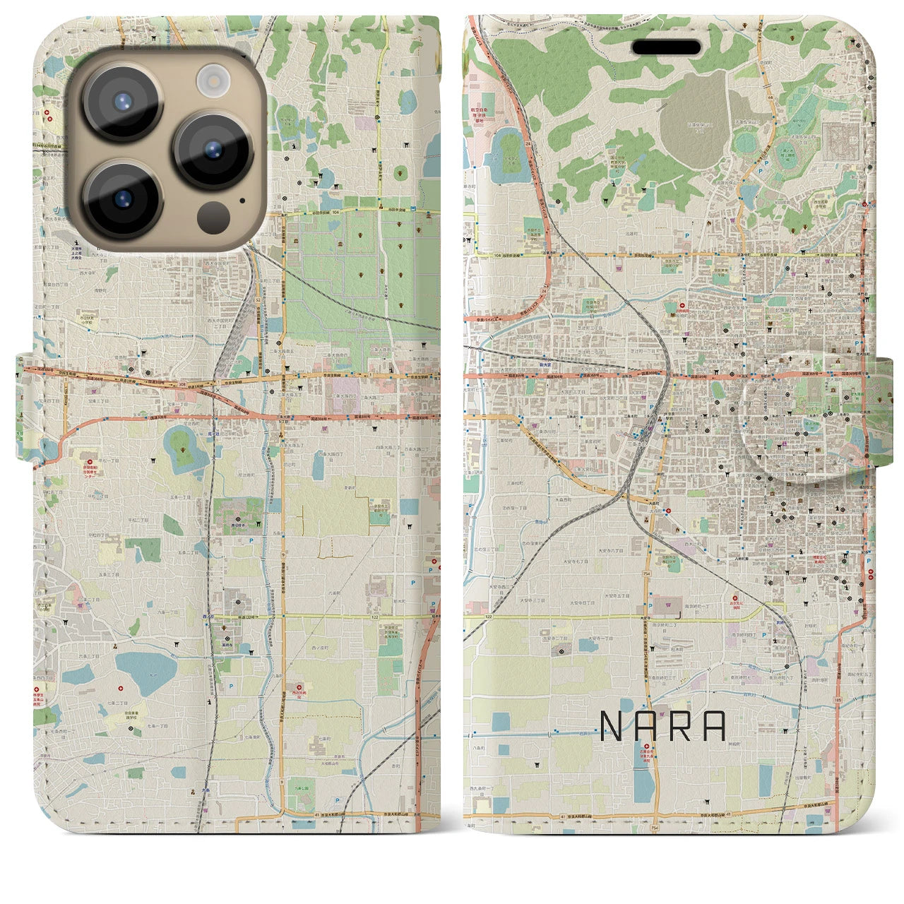 【奈良2】地図柄iPhoneケース（手帳両面タイプ・ナチュラル）iPhone 14 Pro Max 用