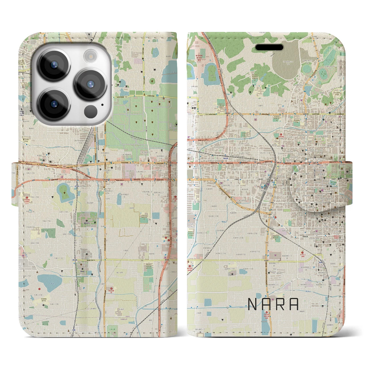 【奈良2】地図柄iPhoneケース（手帳両面タイプ・ナチュラル）iPhone 14 Pro 用