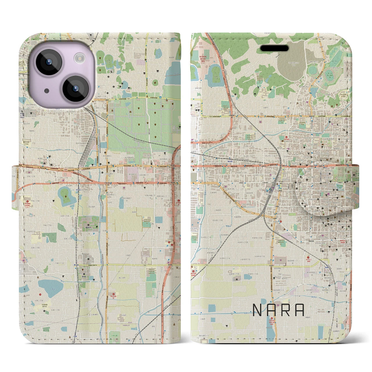 【奈良2】地図柄iPhoneケース（手帳両面タイプ・ナチュラル）iPhone 14 用