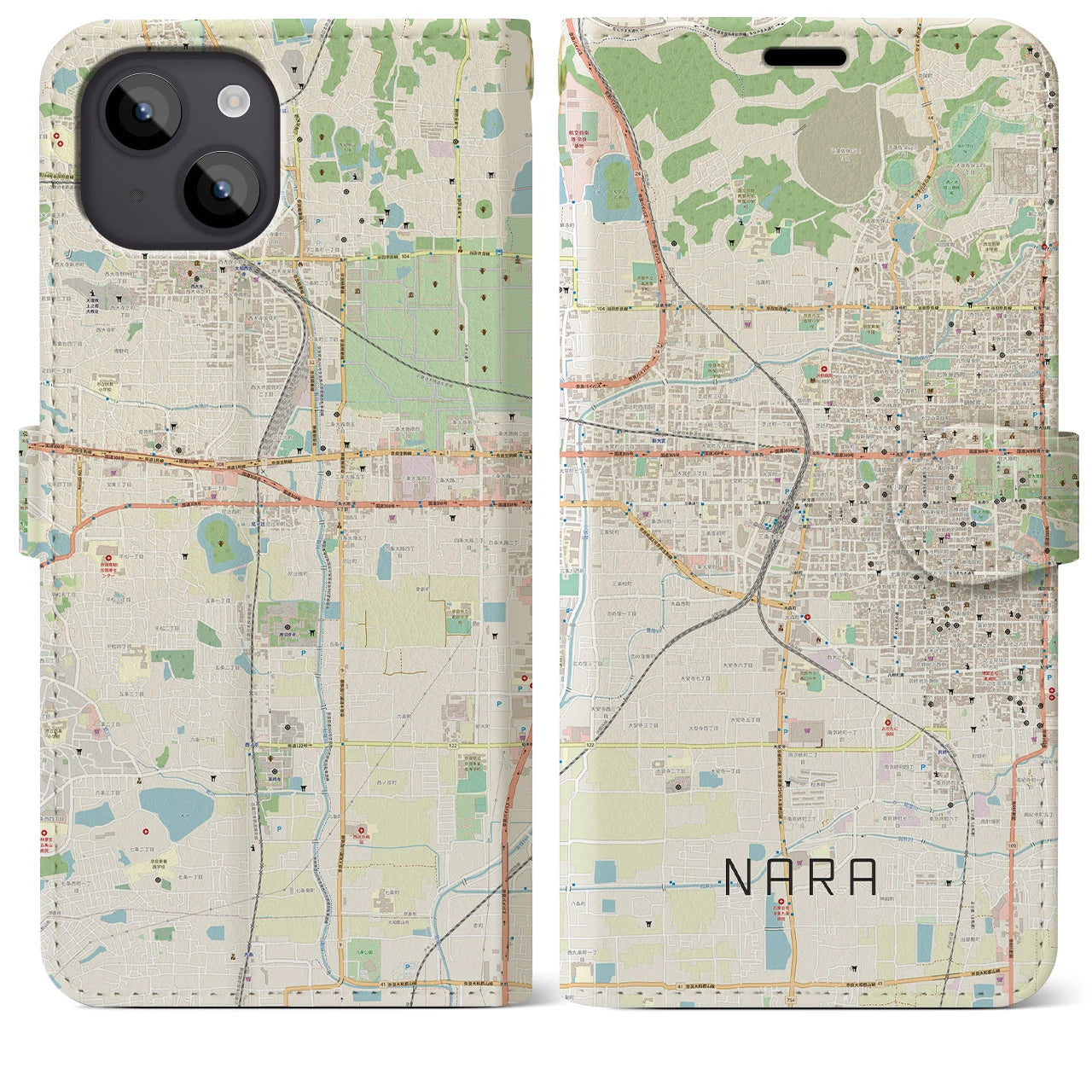 【奈良2】地図柄iPhoneケース（手帳両面タイプ・ナチュラル）iPhone 14 Plus 用