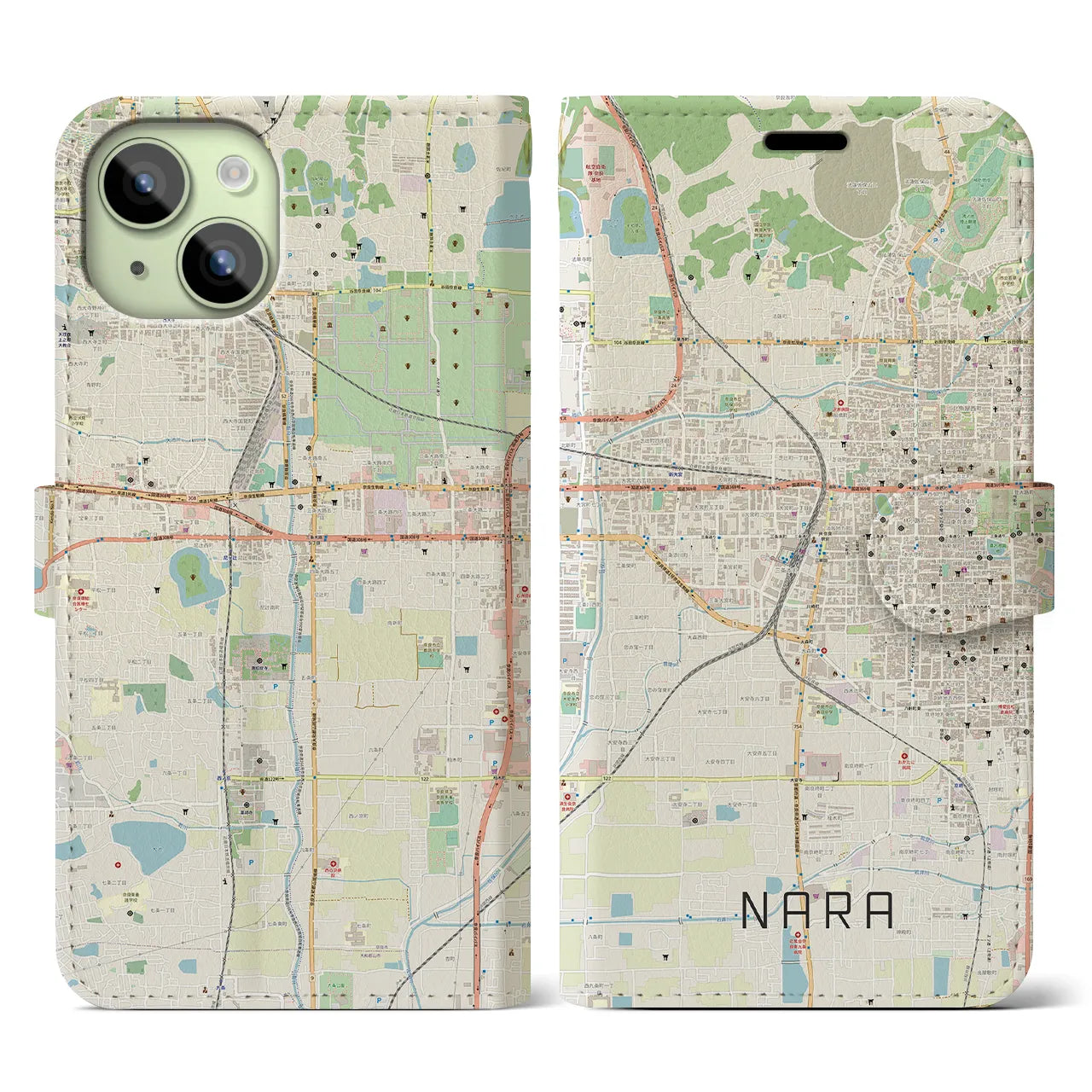 【奈良2】地図柄iPhoneケース（手帳両面タイプ・ナチュラル）iPhone 15 用