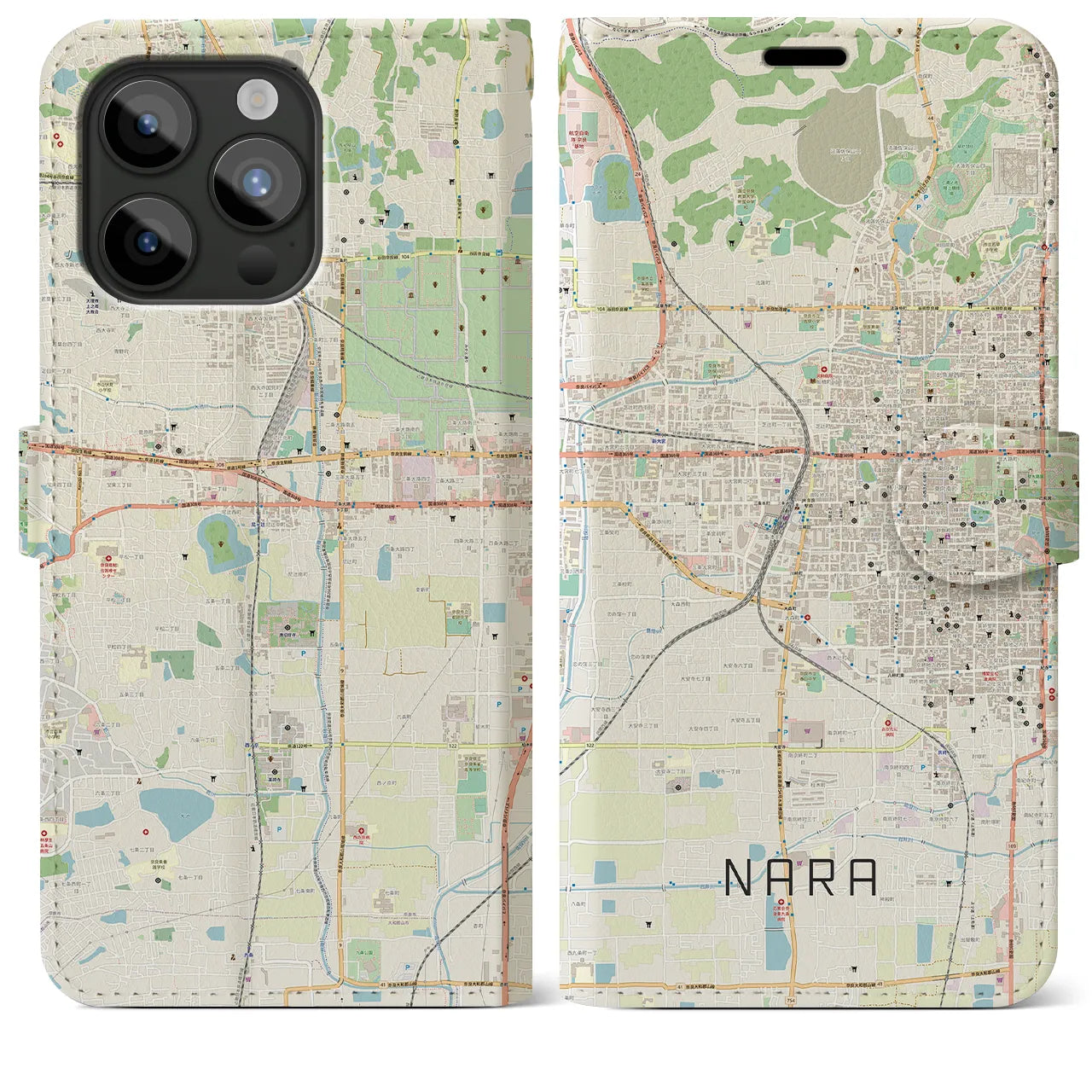 【奈良2】地図柄iPhoneケース（手帳両面タイプ・ナチュラル）iPhone 15 Pro Max 用