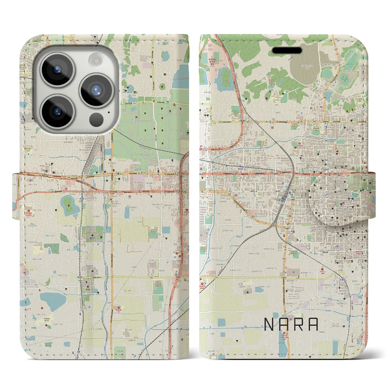 【奈良2】地図柄iPhoneケース（手帳両面タイプ・ナチュラル）iPhone 15 Pro 用