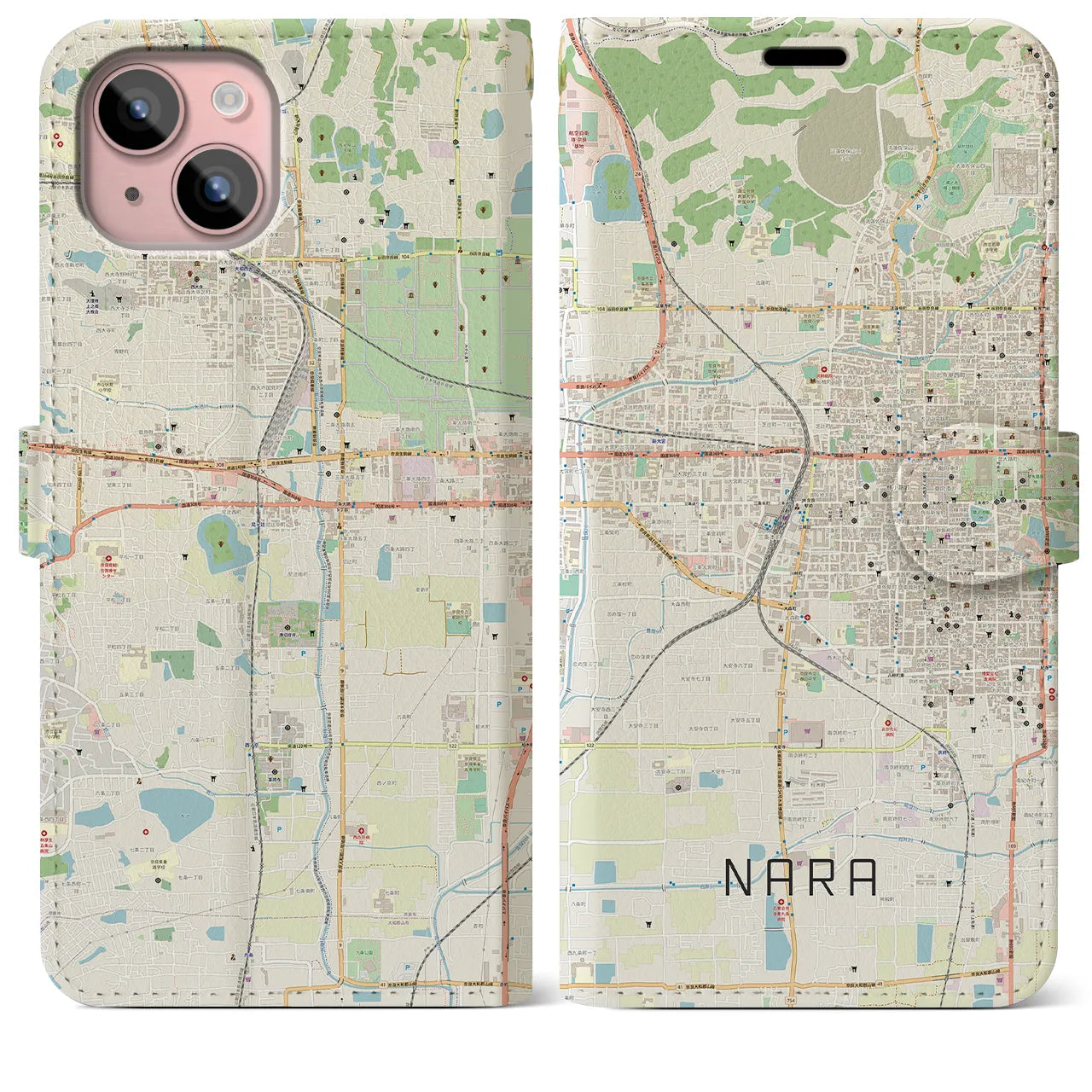 【奈良2】地図柄iPhoneケース（手帳両面タイプ・ナチュラル）iPhone 15 Plus 用