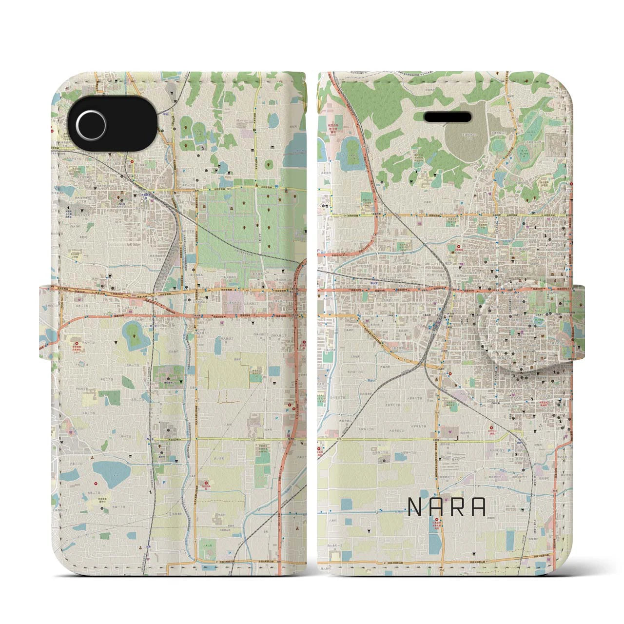 【奈良2】地図柄iPhoneケース（手帳両面タイプ・ナチュラル）iPhone SE（第3 / 第2世代） / 8 / 7 / 6s / 6 用