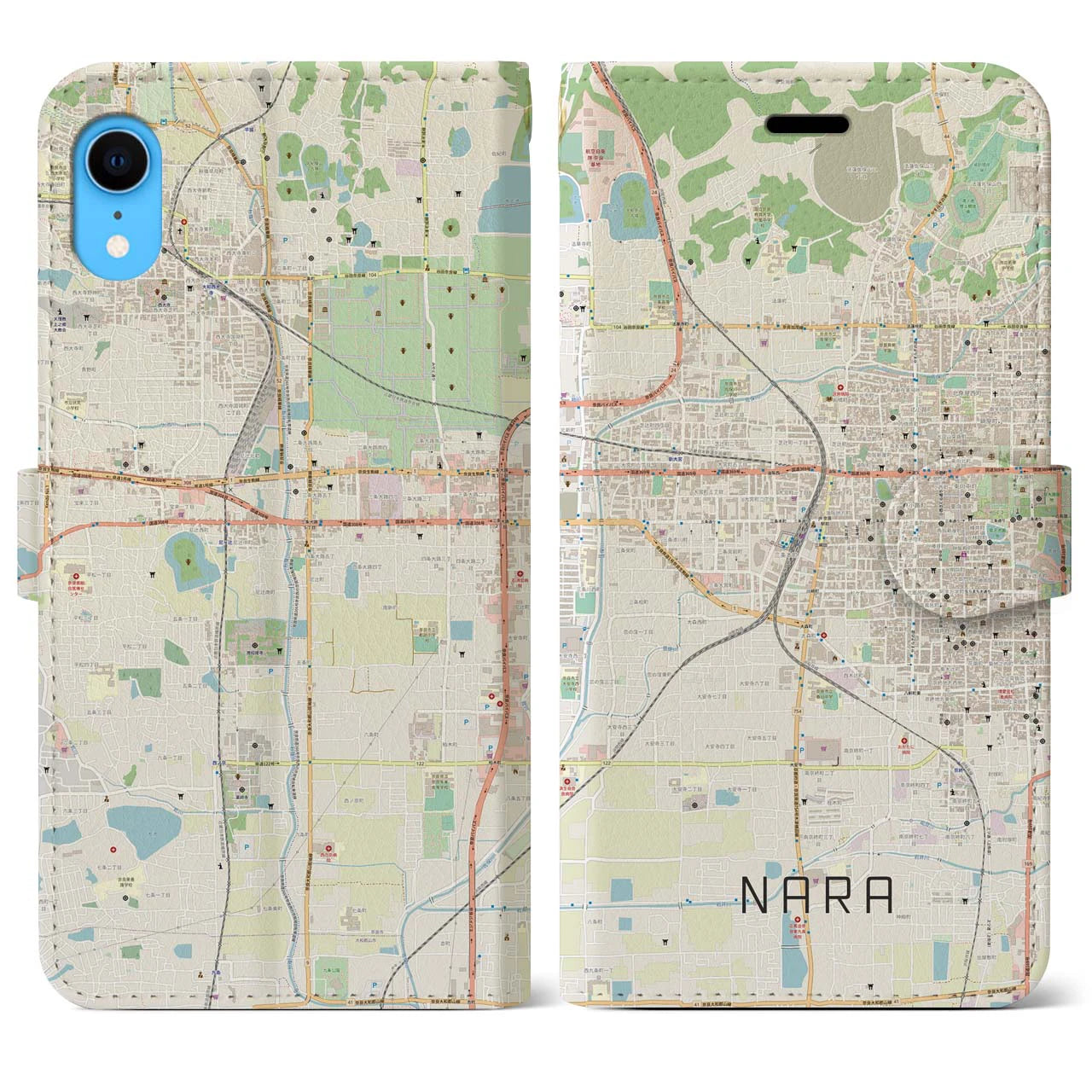 【奈良2】地図柄iPhoneケース（手帳両面タイプ・ナチュラル）iPhone XR 用