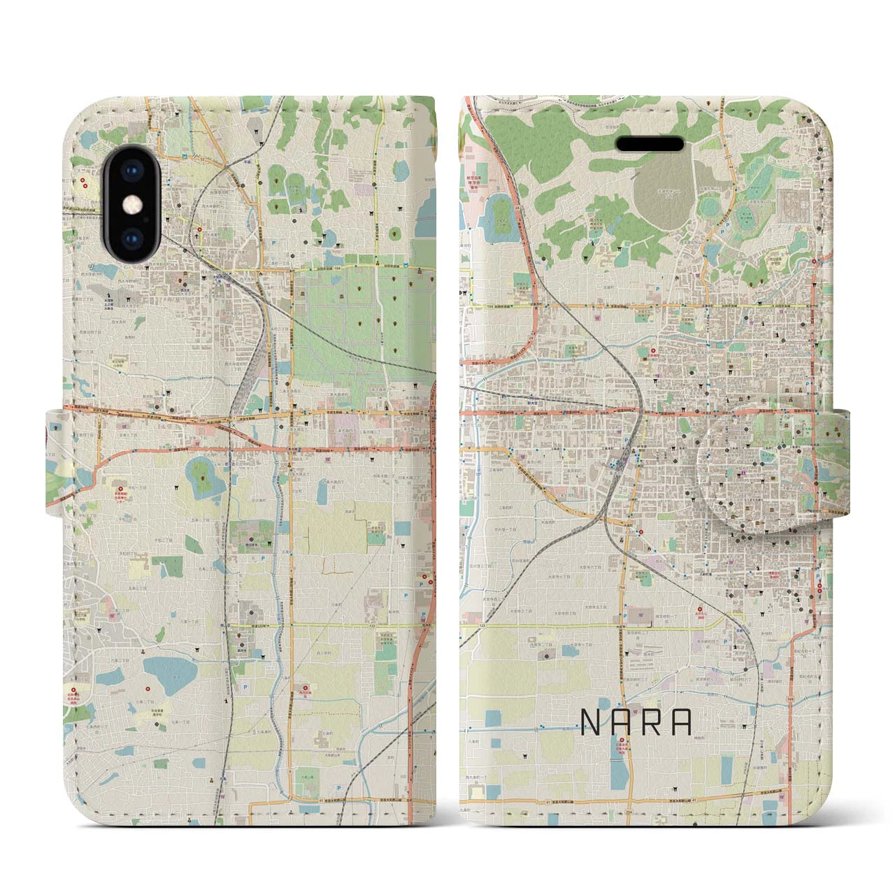 【奈良2】地図柄iPhoneケース（手帳両面タイプ・ナチュラル）iPhone XS / X 用
