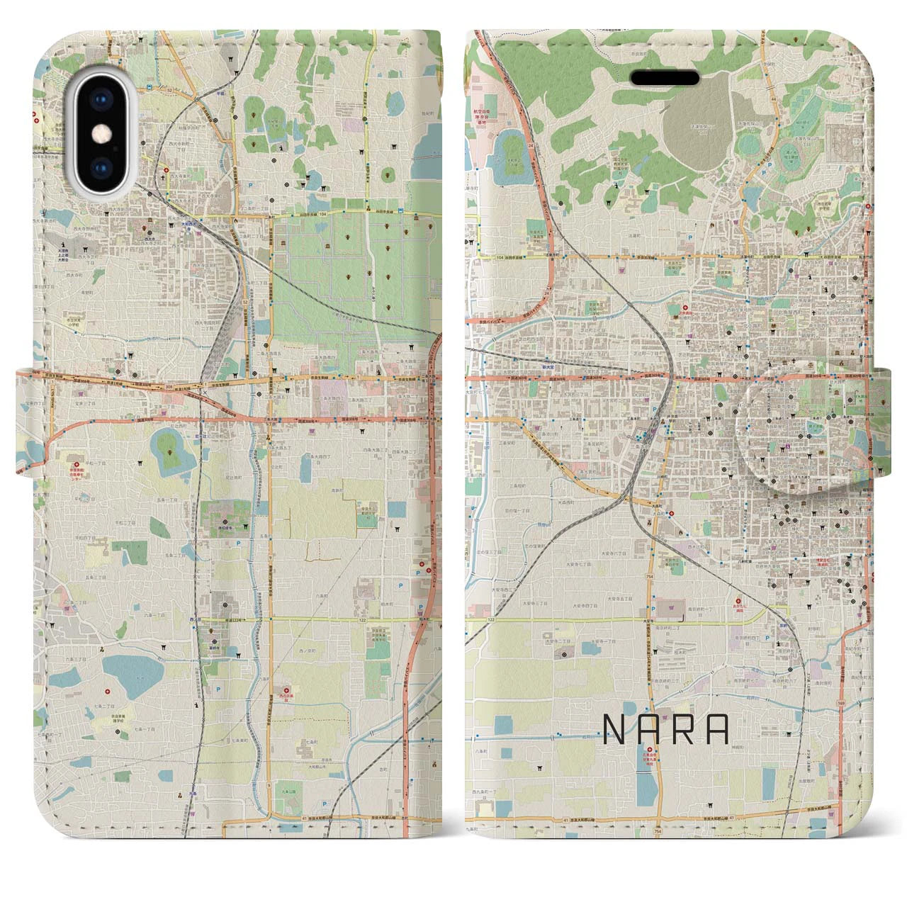 【奈良2】地図柄iPhoneケース（手帳両面タイプ・ナチュラル）iPhone XS Max 用