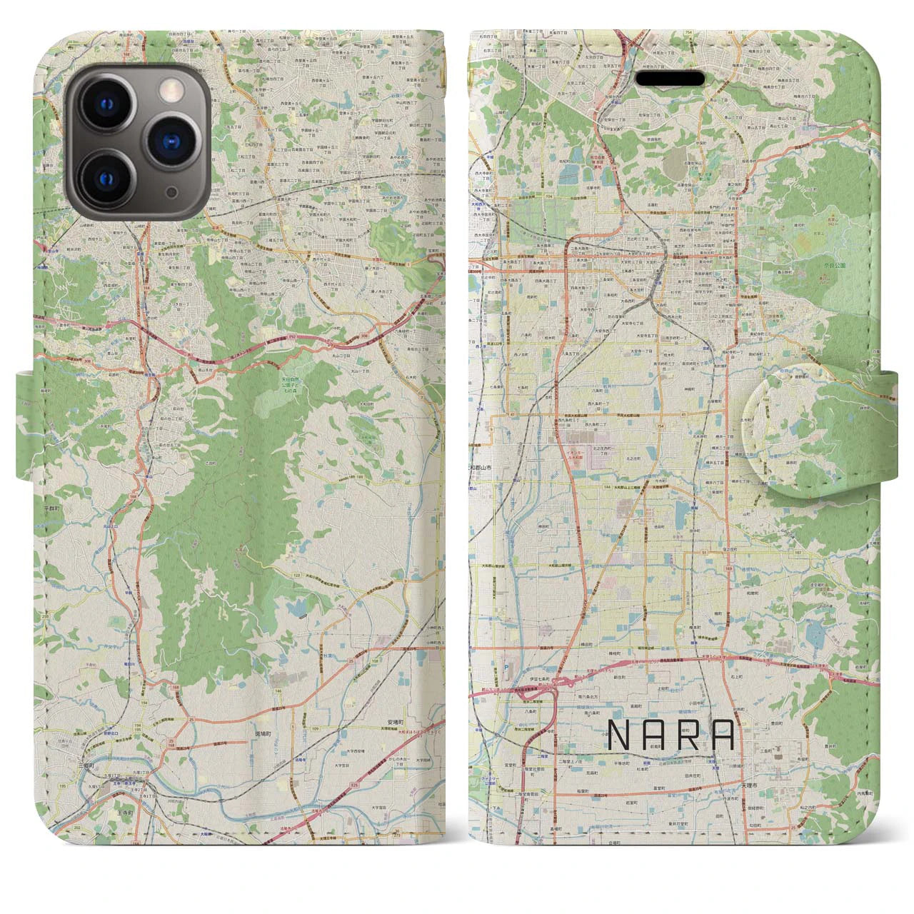 【奈良】地図柄iPhoneケース（手帳両面タイプ・ナチュラル）iPhone 11 Pro Max 用