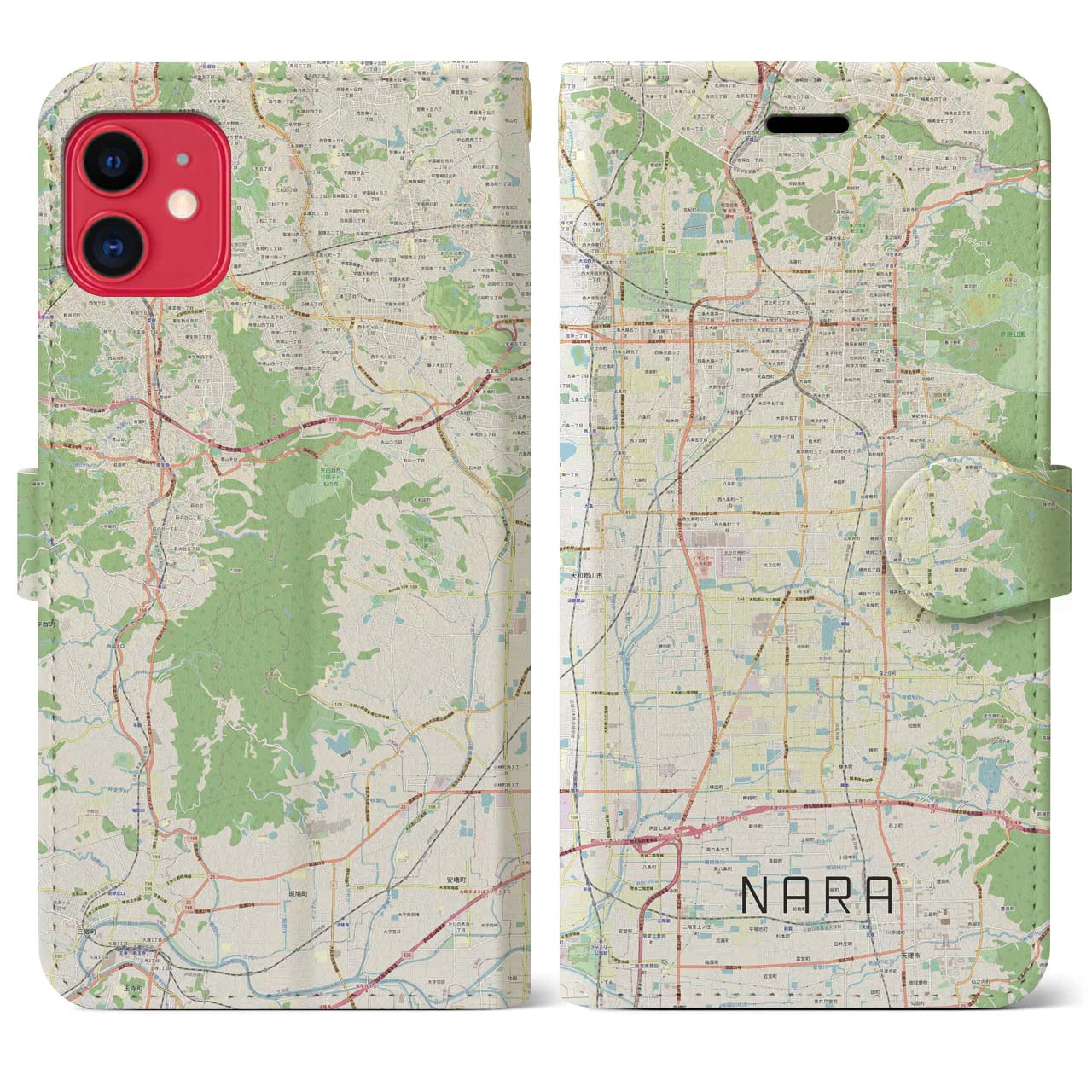 【奈良】地図柄iPhoneケース（手帳両面タイプ・ナチュラル）iPhone 11 用