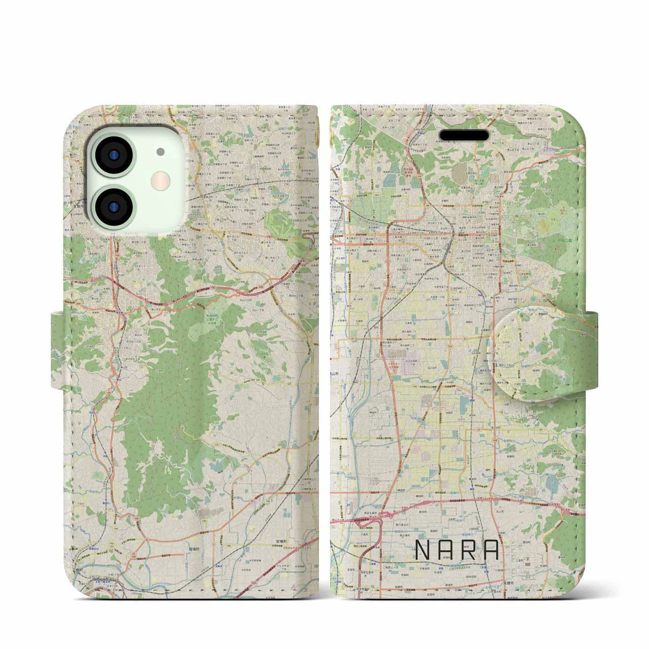 【奈良】地図柄iPhoneケース（手帳両面タイプ・ナチュラル）iPhone 12 mini 用