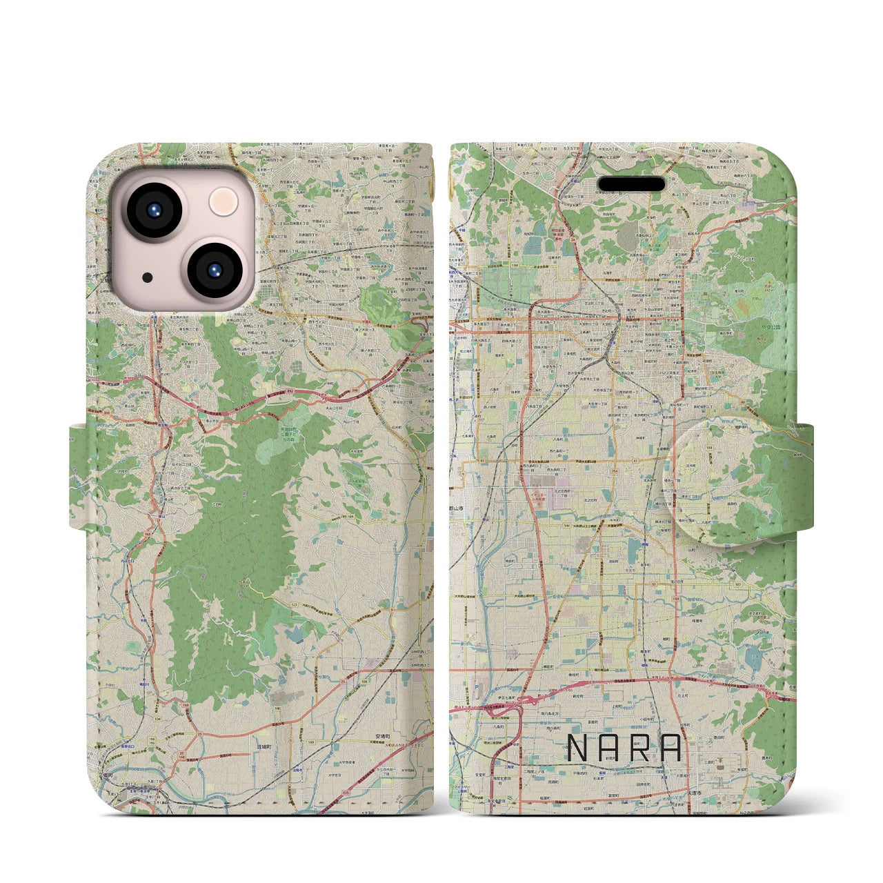 【奈良】地図柄iPhoneケース（手帳両面タイプ・ナチュラル）iPhone 13 mini 用