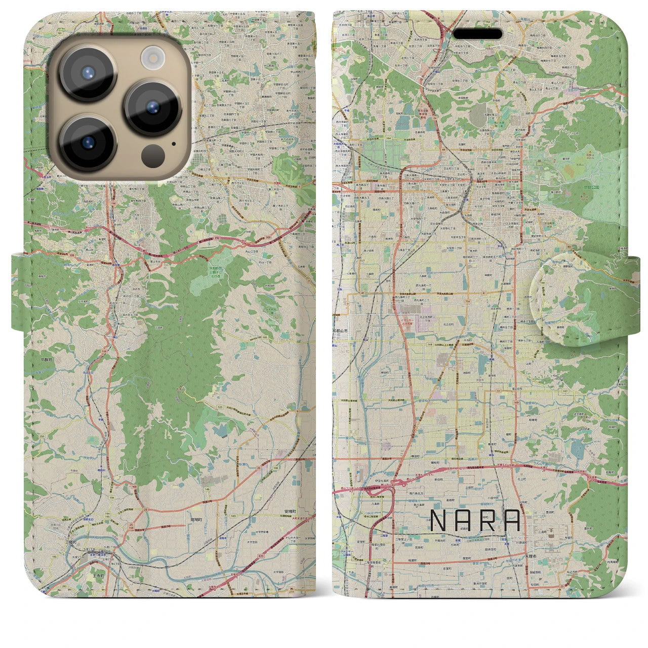 【奈良】地図柄iPhoneケース（手帳両面タイプ・ナチュラル）iPhone 14 Pro Max 用
