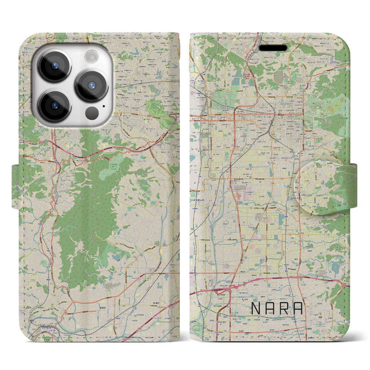 【奈良】地図柄iPhoneケース（手帳両面タイプ・ナチュラル）iPhone 14 Pro 用