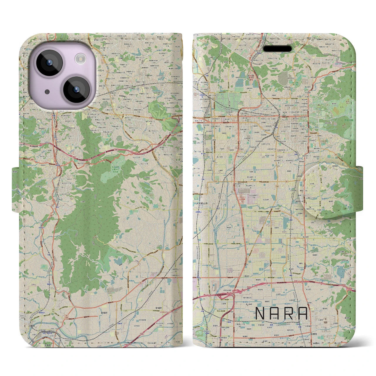 【奈良】地図柄iPhoneケース（手帳両面タイプ・ナチュラル）iPhone 14 用