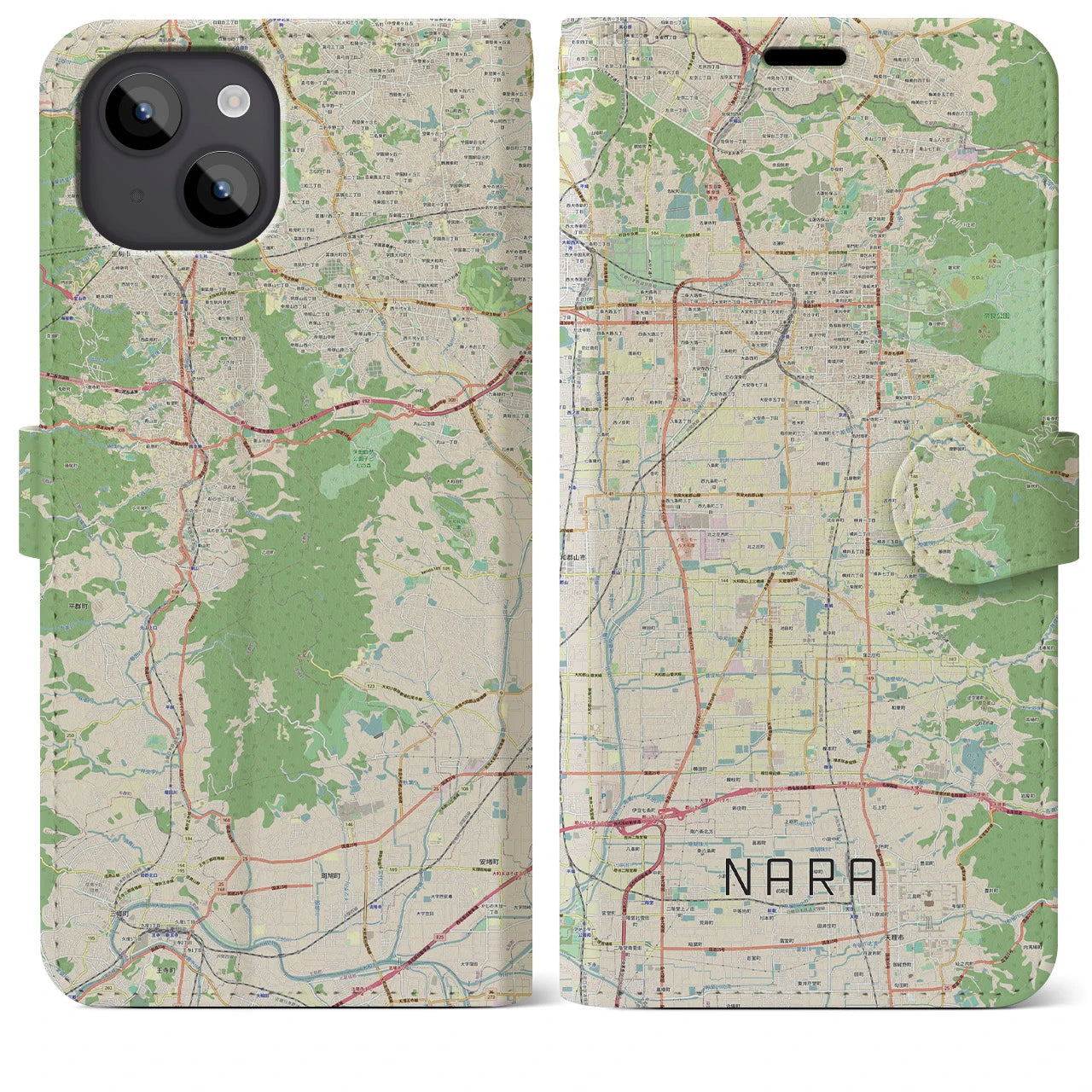 【奈良】地図柄iPhoneケース（手帳両面タイプ・ナチュラル）iPhone 14 Plus 用