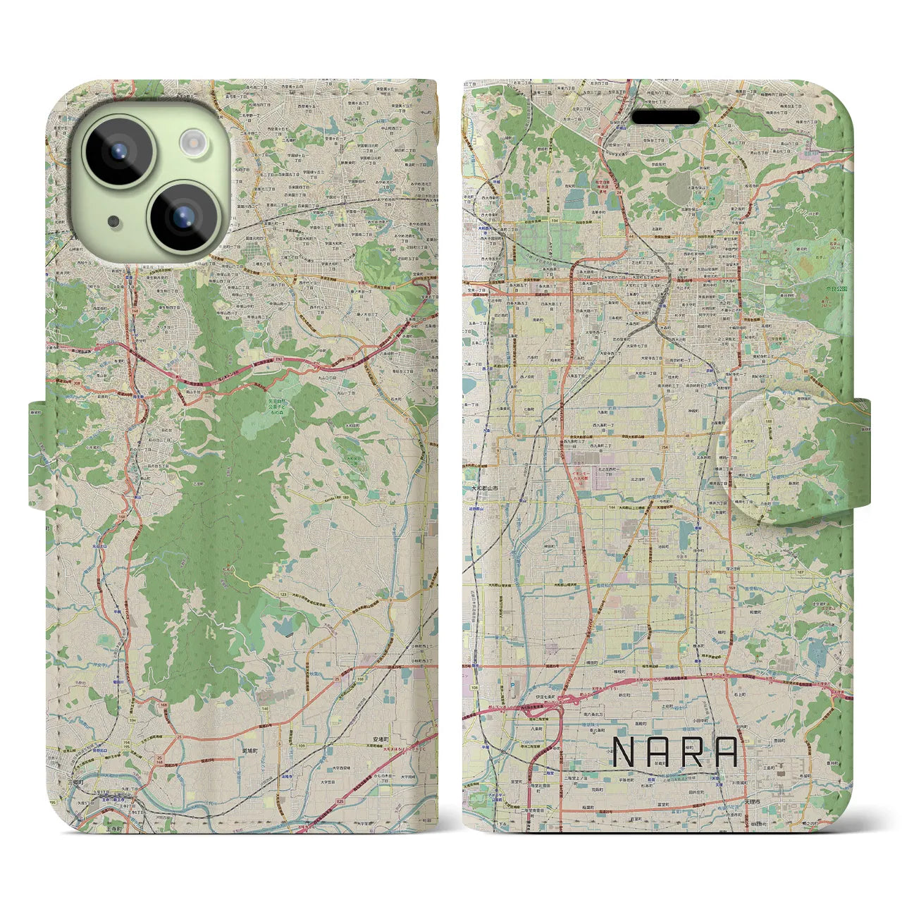 【奈良】地図柄iPhoneケース（手帳両面タイプ・ナチュラル）iPhone 15 用