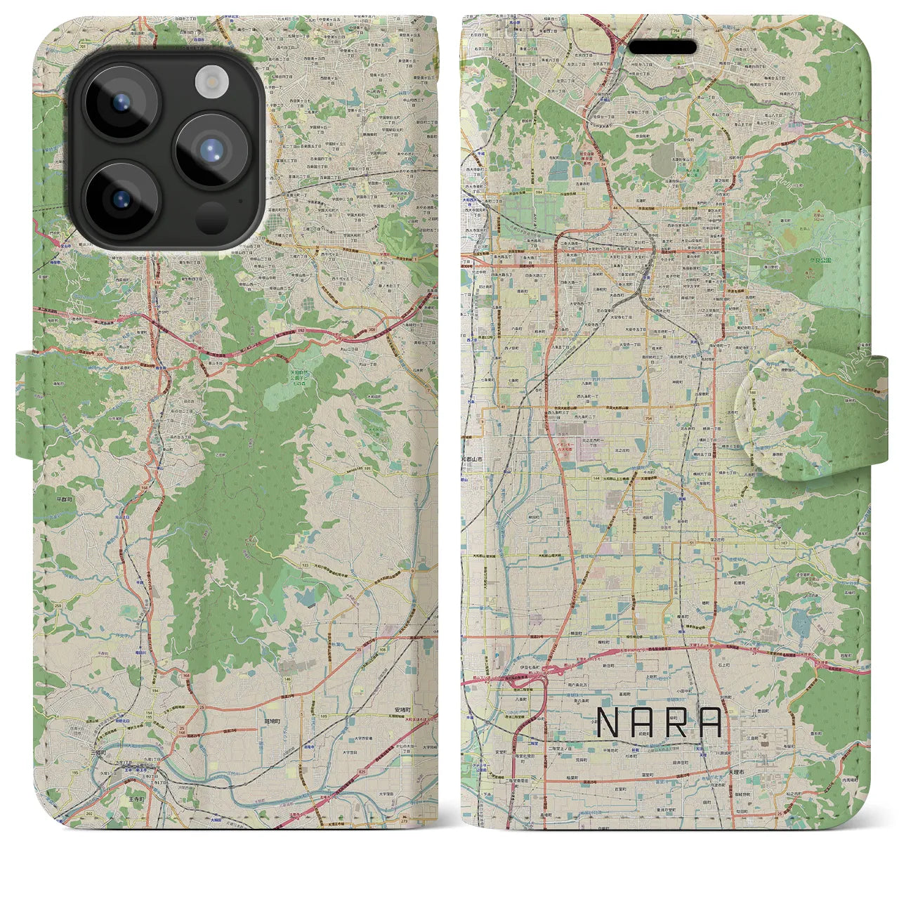 【奈良】地図柄iPhoneケース（手帳両面タイプ・ナチュラル）iPhone 15 Pro Max 用