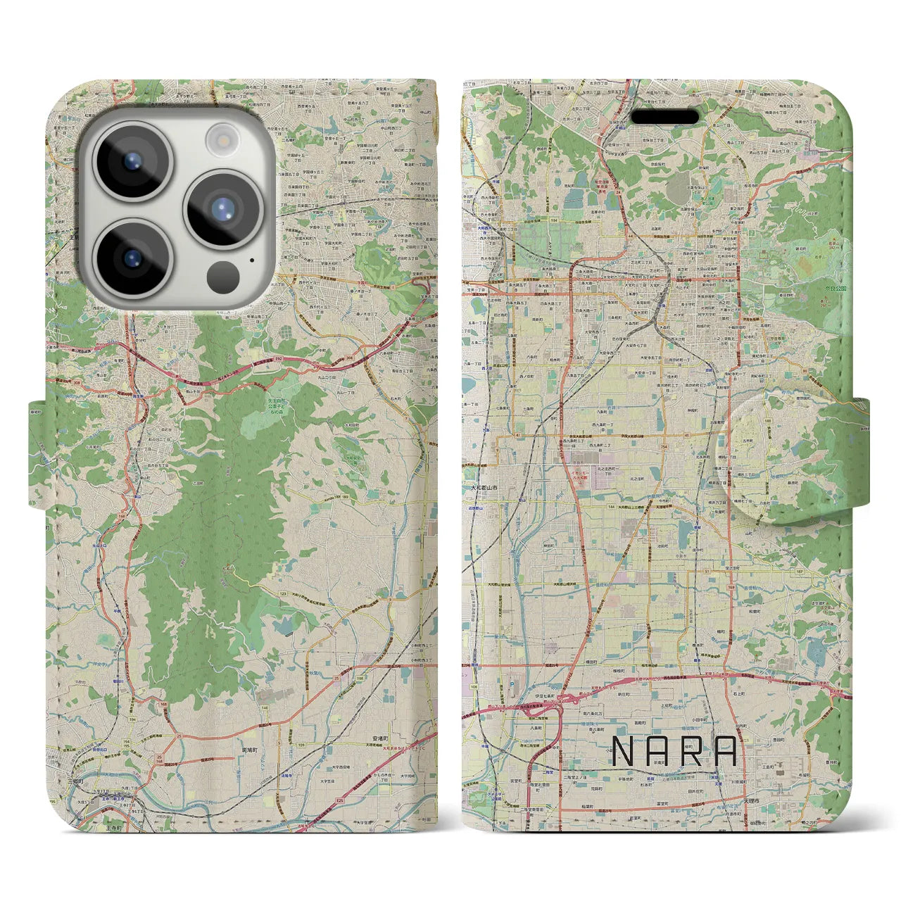 【奈良】地図柄iPhoneケース（手帳両面タイプ・ナチュラル）iPhone 15 Pro 用