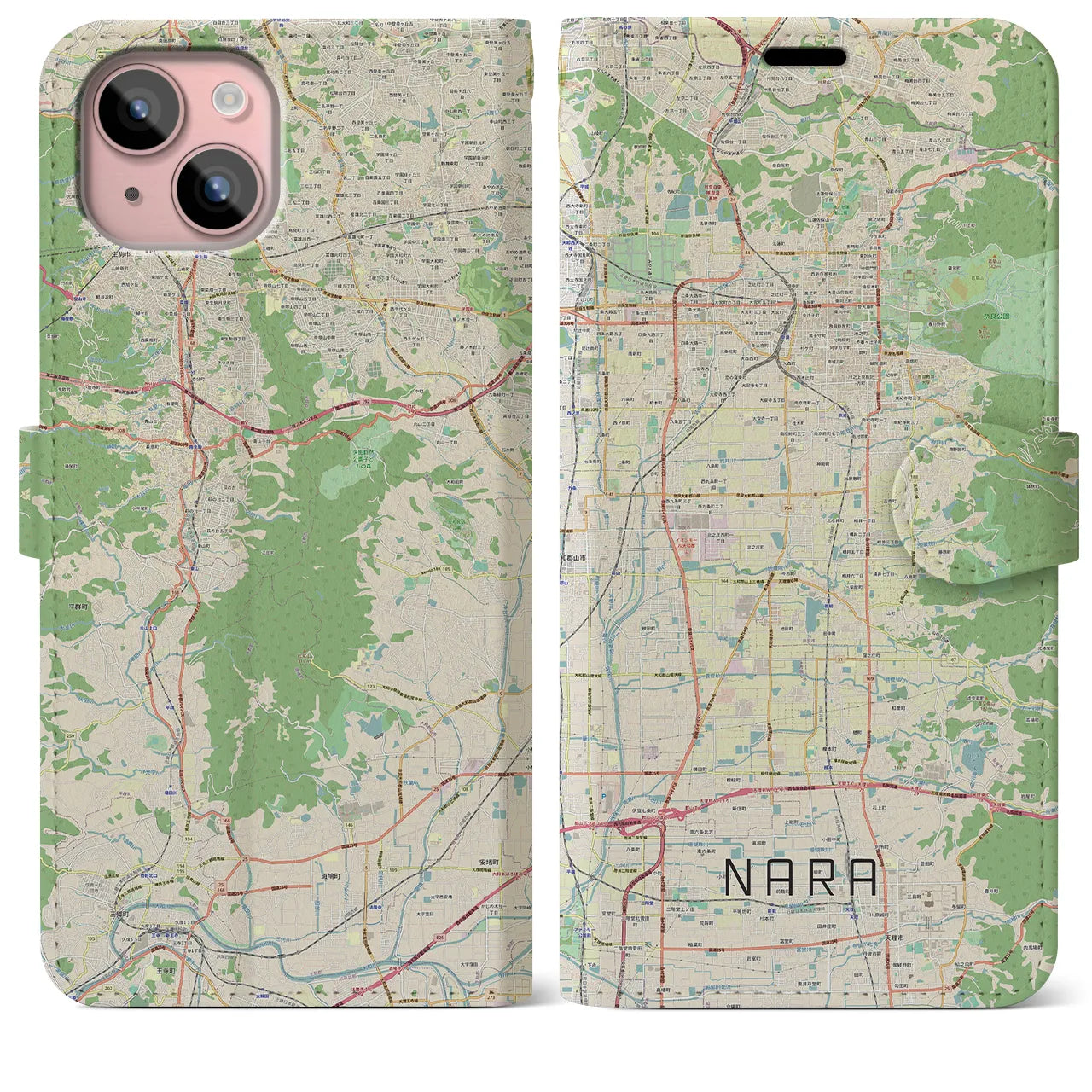 【奈良】地図柄iPhoneケース（手帳両面タイプ・ナチュラル）iPhone 15 Plus 用