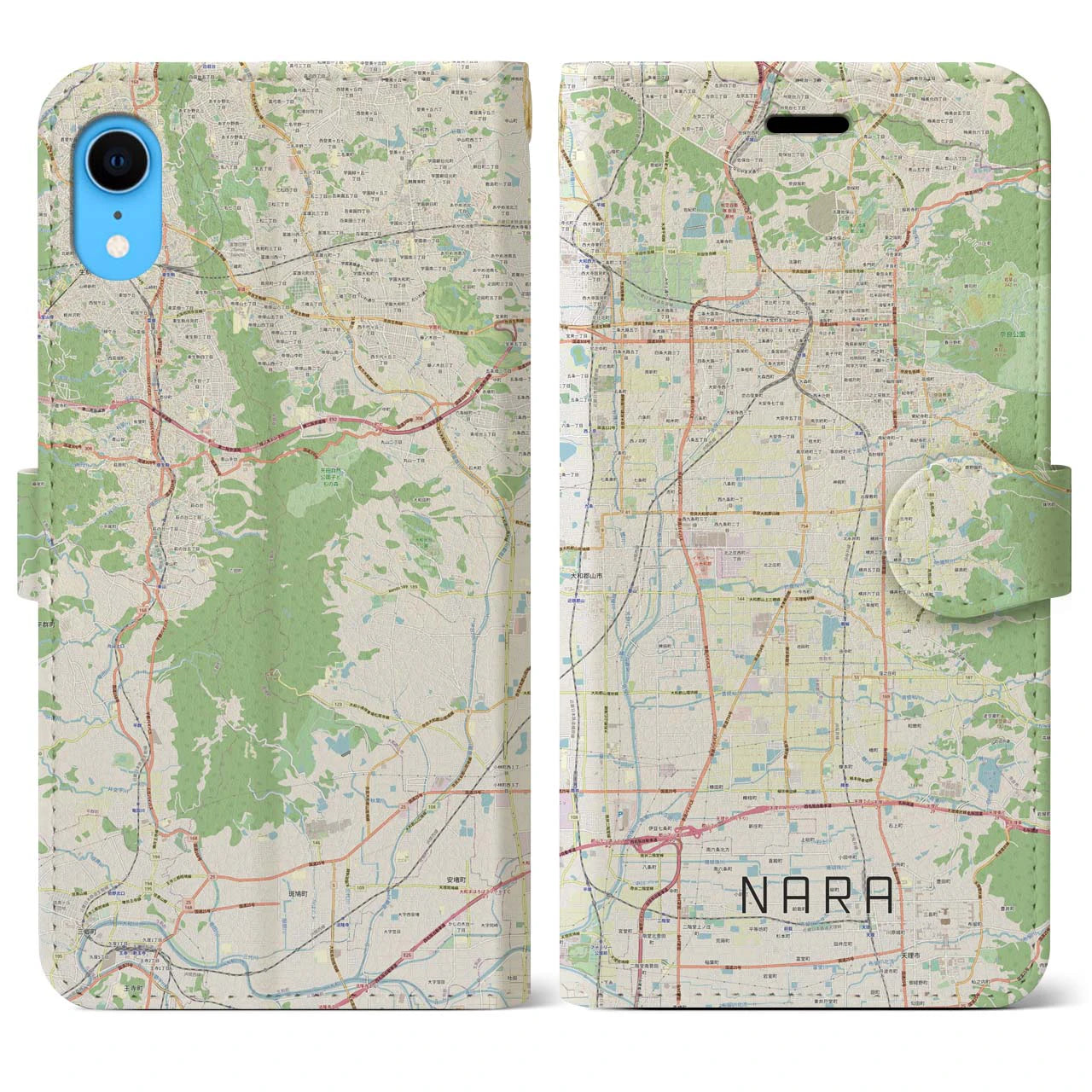 【奈良】地図柄iPhoneケース（手帳両面タイプ・ナチュラル）iPhone XR 用
