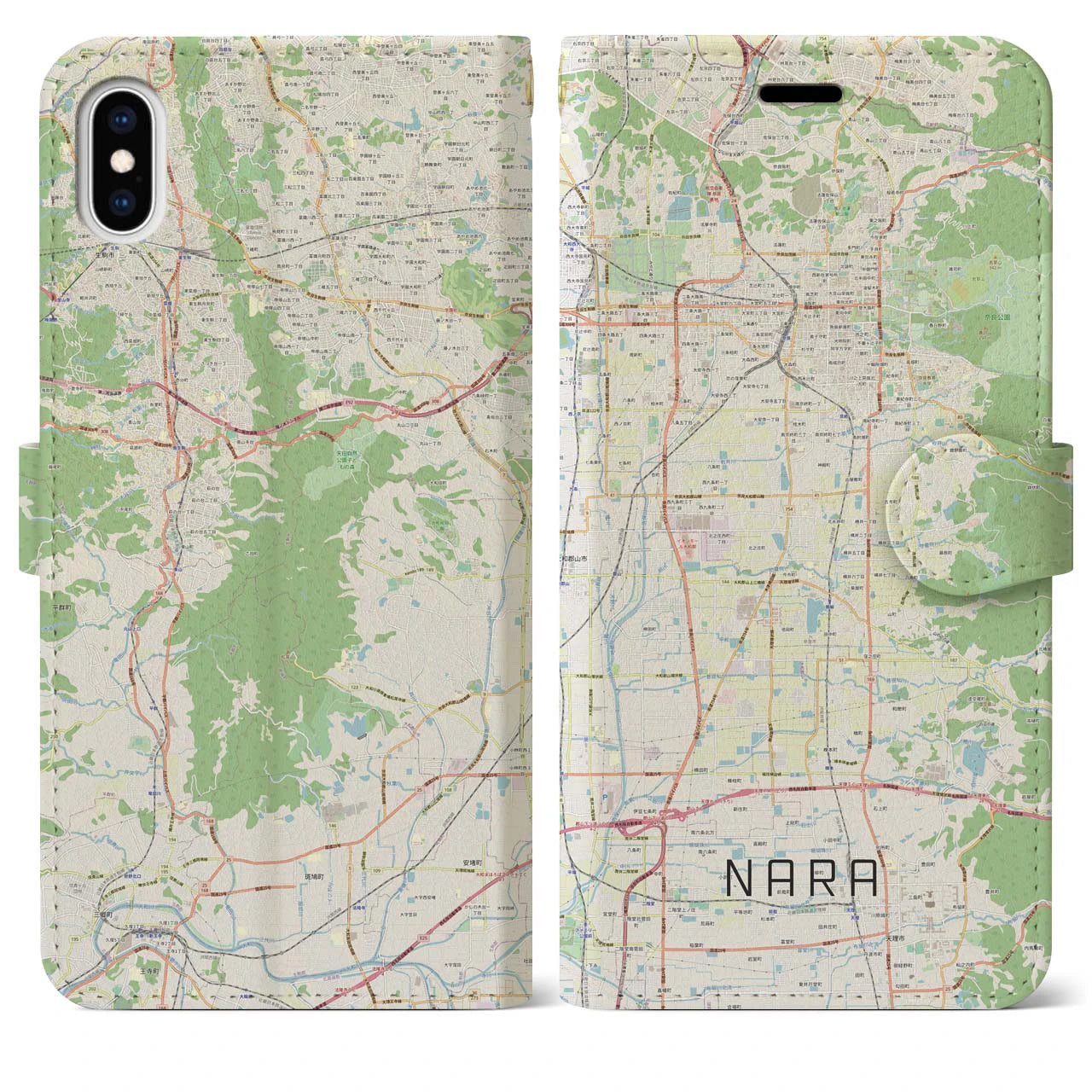 【奈良】地図柄iPhoneケース（手帳両面タイプ・ナチュラル）iPhone XS Max 用