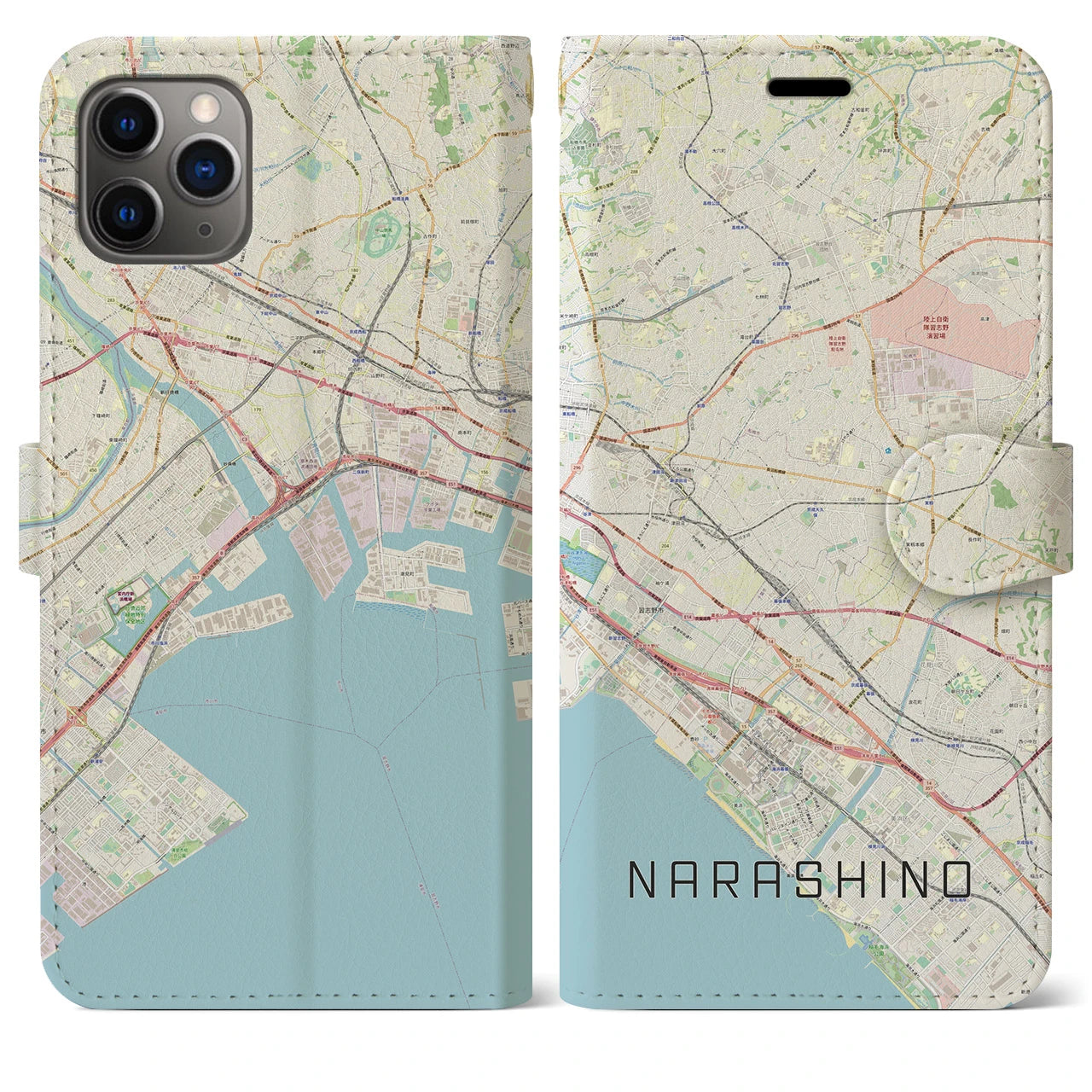 【習志野2】地図柄iPhoneケース（手帳両面タイプ・ナチュラル）iPhone 11 Pro Max 用