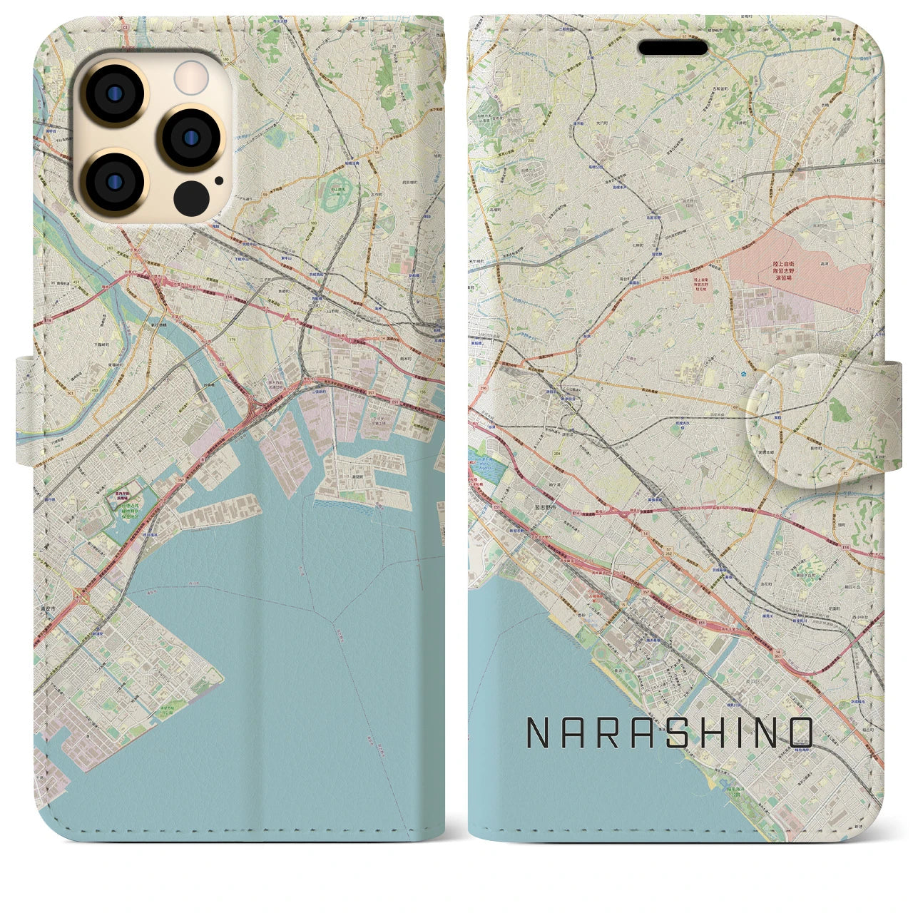 【習志野2】地図柄iPhoneケース（手帳両面タイプ・ナチュラル）iPhone 12 Pro Max 用