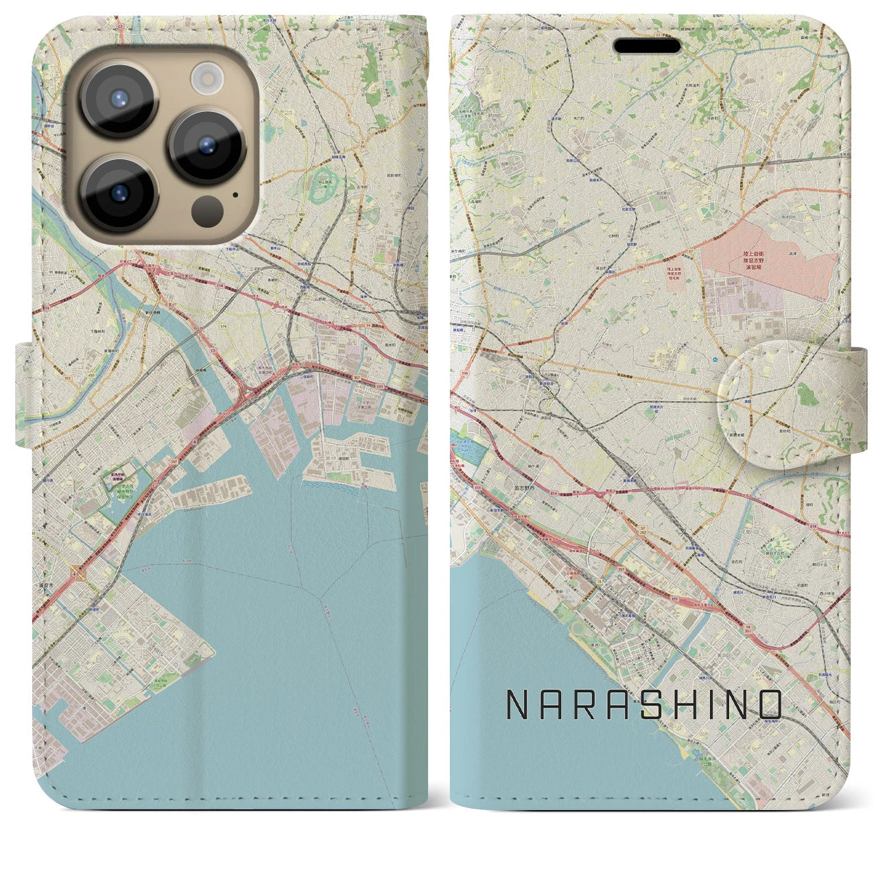 【習志野2】地図柄iPhoneケース（手帳両面タイプ・ナチュラル）iPhone 14 Pro Max 用
