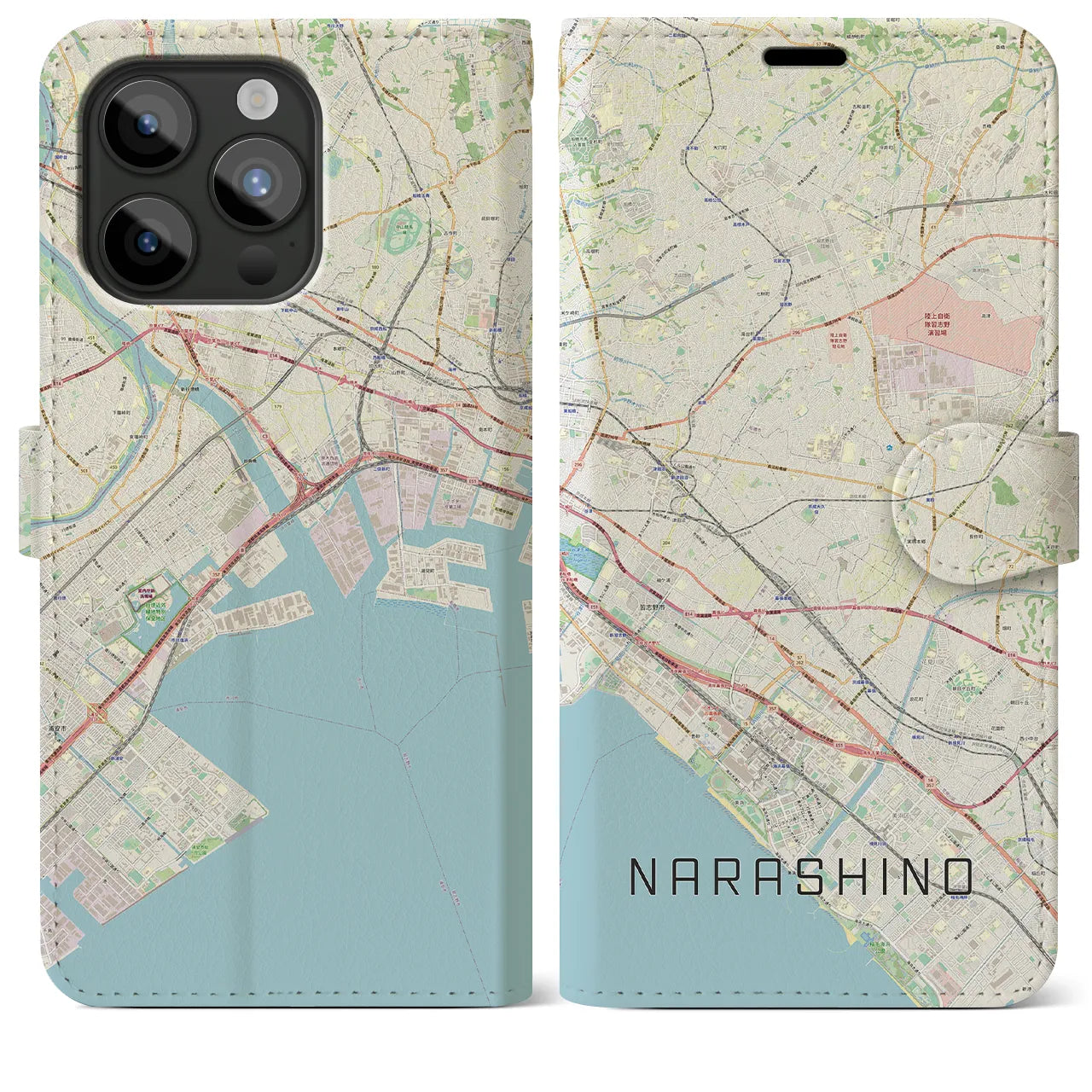 【習志野2】地図柄iPhoneケース（手帳両面タイプ・ナチュラル）iPhone 15 Pro Max 用