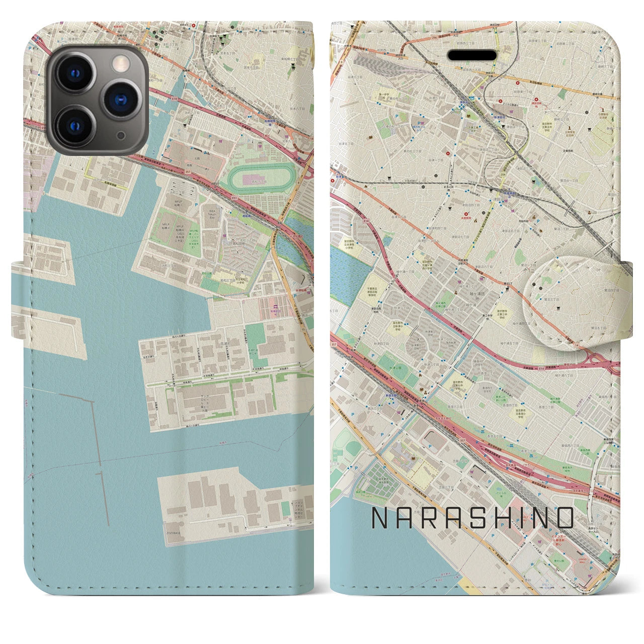 【習志野】地図柄iPhoneケース（手帳両面タイプ・ナチュラル）iPhone 11 Pro Max 用