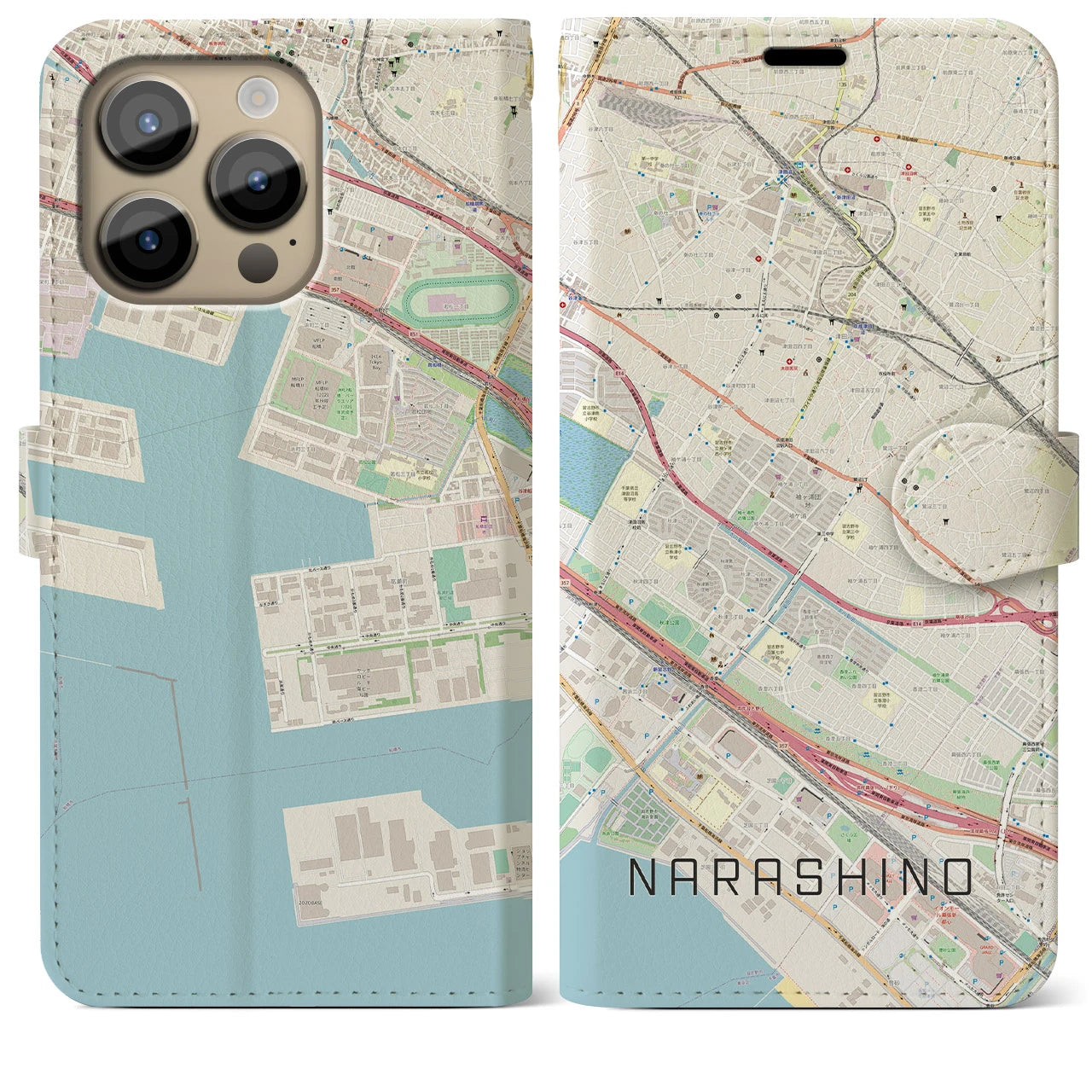 【習志野】地図柄iPhoneケース（手帳両面タイプ・ナチュラル）iPhone 14 Pro Max 用
