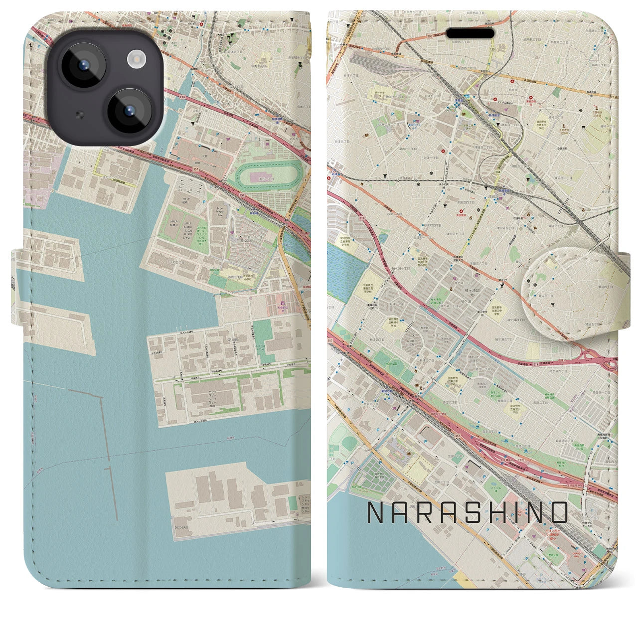 【習志野】地図柄iPhoneケース（手帳両面タイプ・ナチュラル）iPhone 14 Plus 用