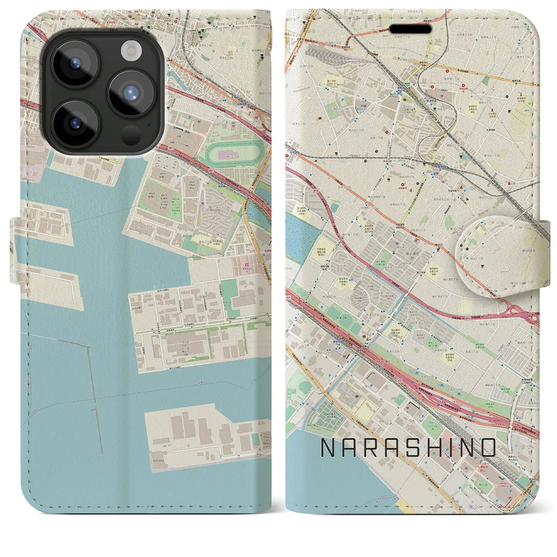 【習志野】地図柄iPhoneケース（手帳両面タイプ・ナチュラル）iPhone 15 Pro Max 用