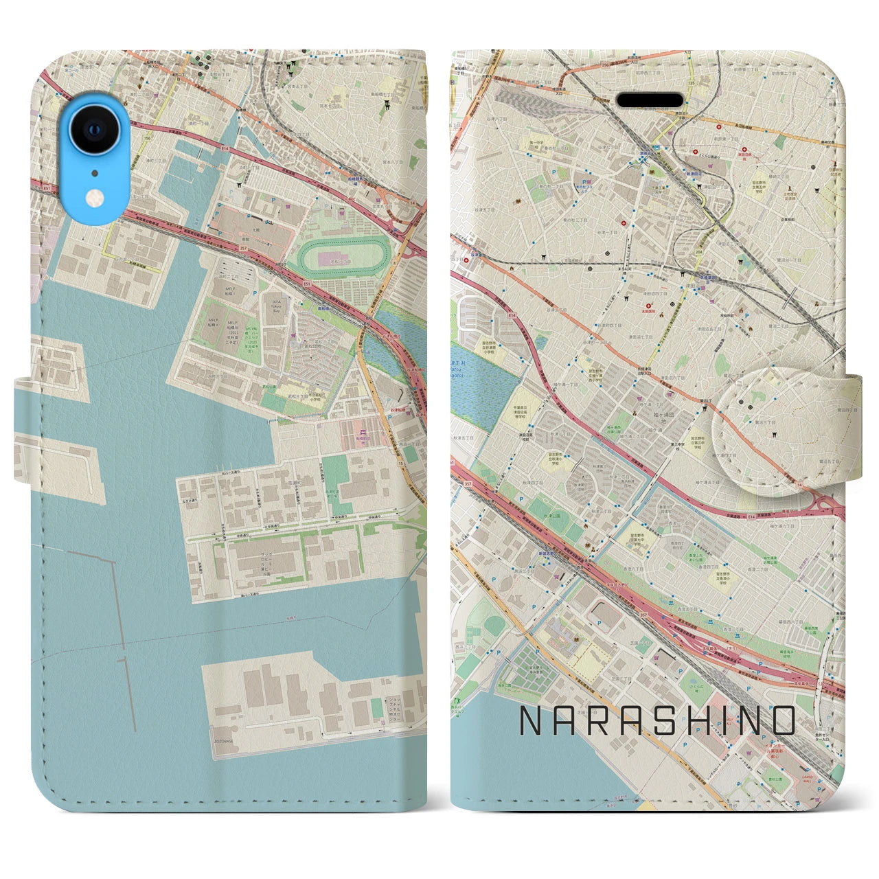 【習志野】地図柄iPhoneケース（手帳両面タイプ・ナチュラル）iPhone XR 用