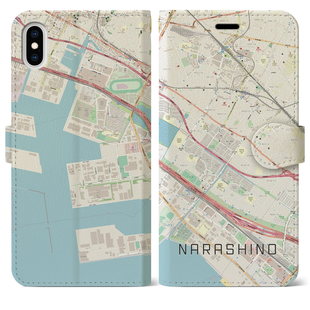【習志野】地図柄iPhoneケース（手帳両面タイプ・ナチュラル）iPhone XS Max 用